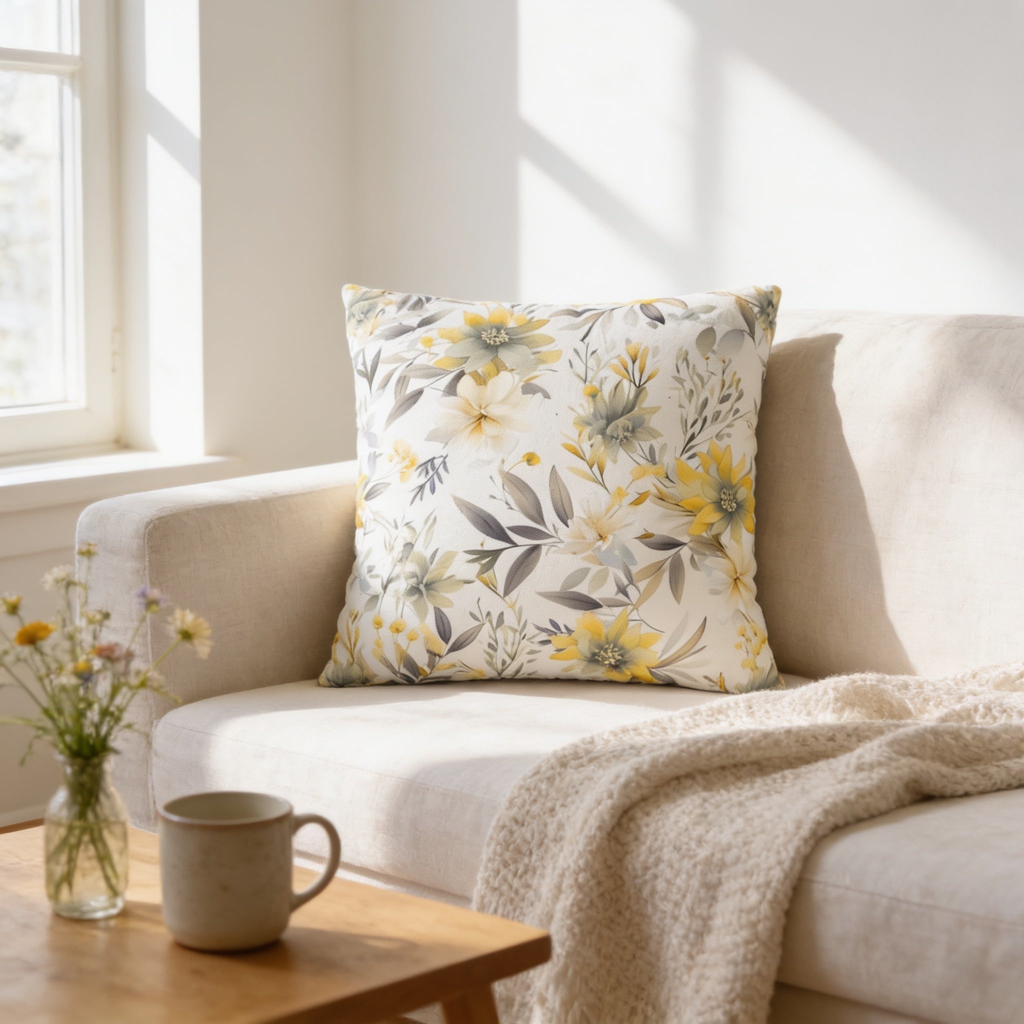 a cozy living room with a white sofa, a floral throw pillow, and a wooden coffee table with a vase of flowers.