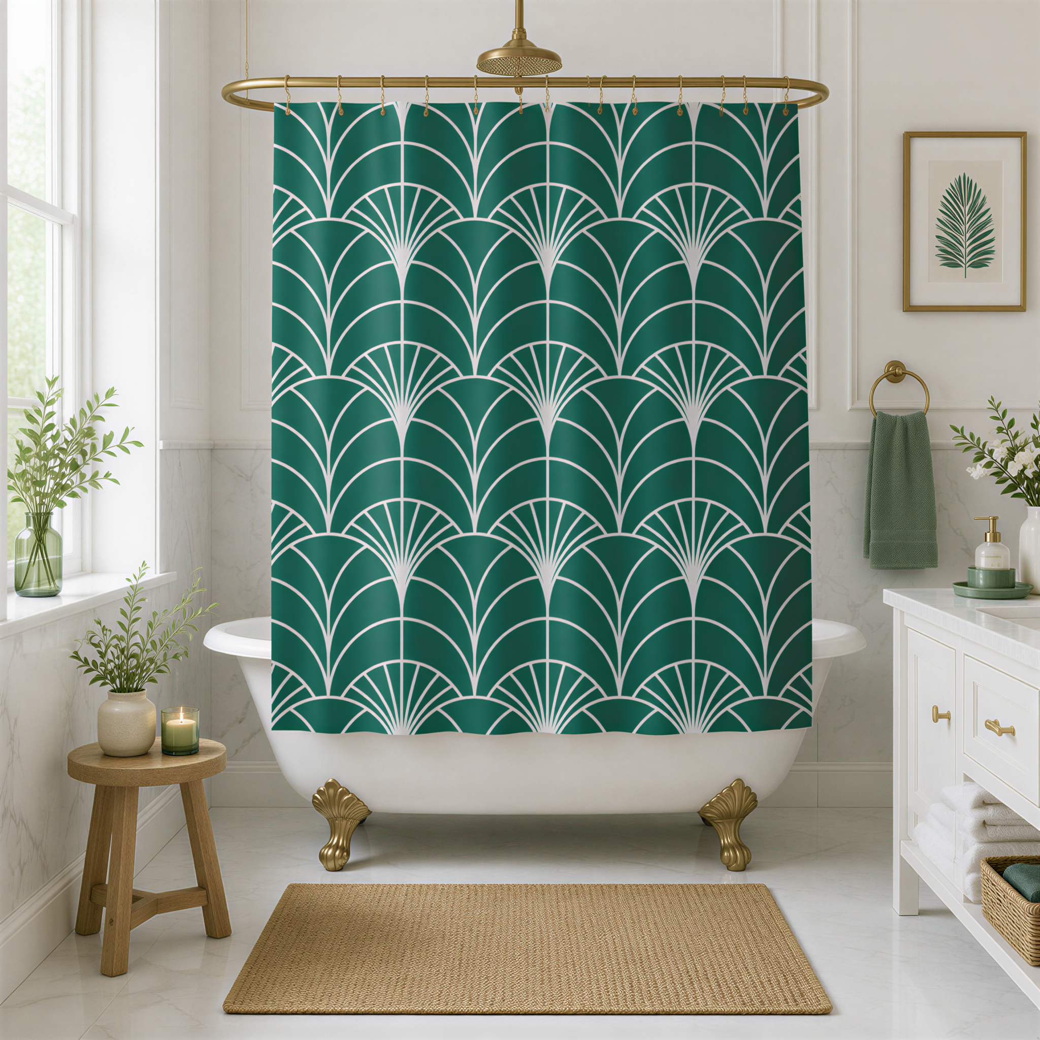 a bathroom with a white clawfoot bathtub, a green and white patterned shower curtain, a wooden stool, and a rug on the floor.