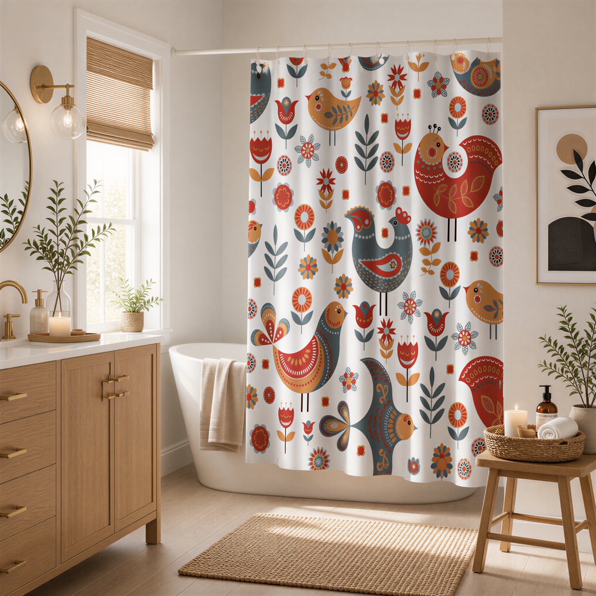 a bathroom with a shower curtain featuring a colorful bird pattern. The bathroom is well-decorated with a wooden vanity, a round mirror, and various potted plants.