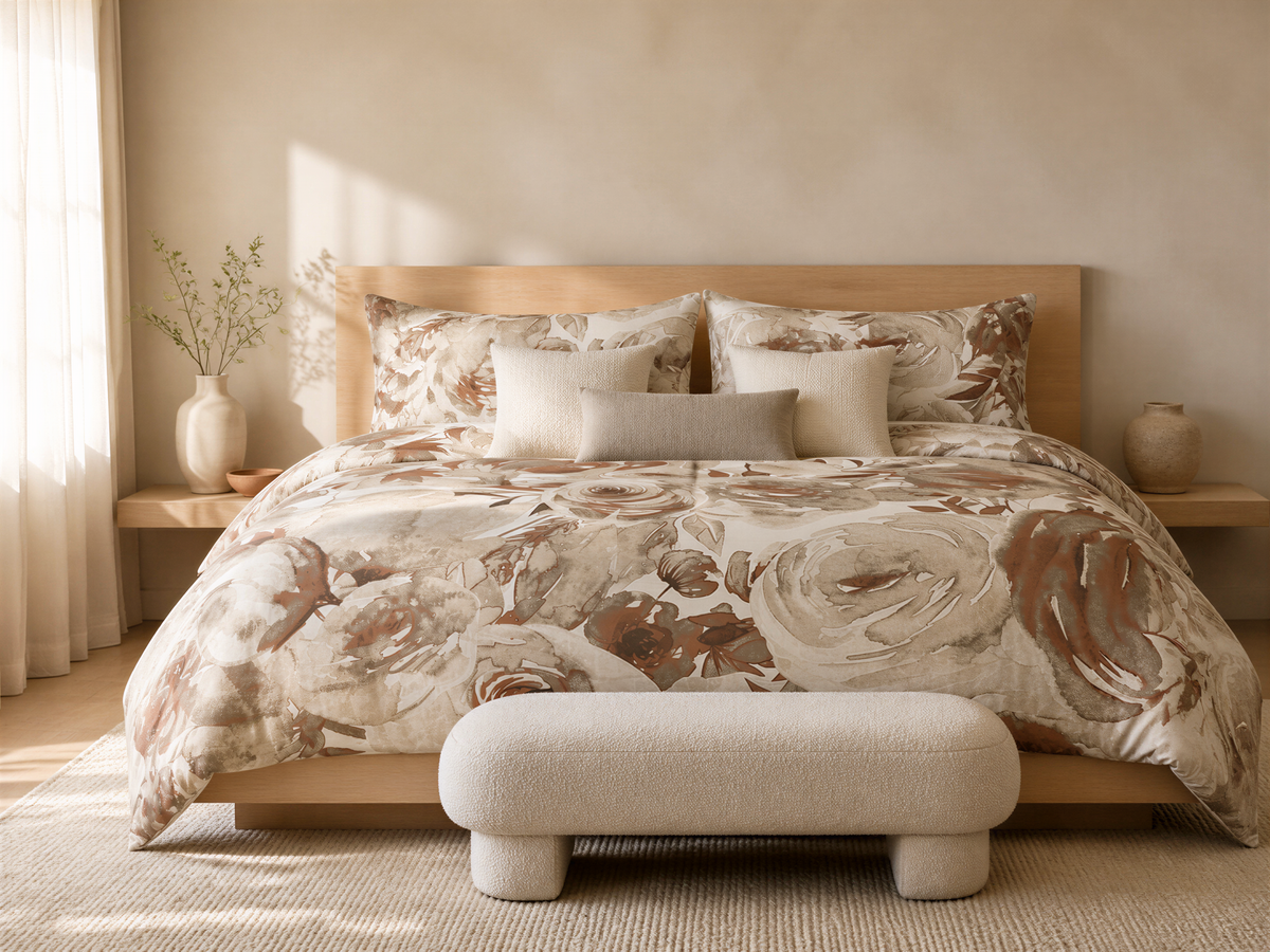 a serene and cozy bedroom with a large bed adorned with a floral print comforter and pillows. The bed is positioned against a wall, with a window nearby. The room also features a wooden headboard and a small white side table with a vase.