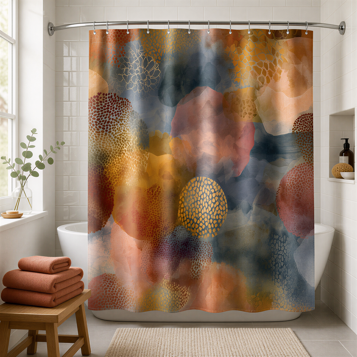a bathroom with a shower curtain that has a colorful abstract design. The shower curtain is hanging from a rod above a white bathtub. There is a wooden stool in the foreground, and a window can be seen on the left side of the image.