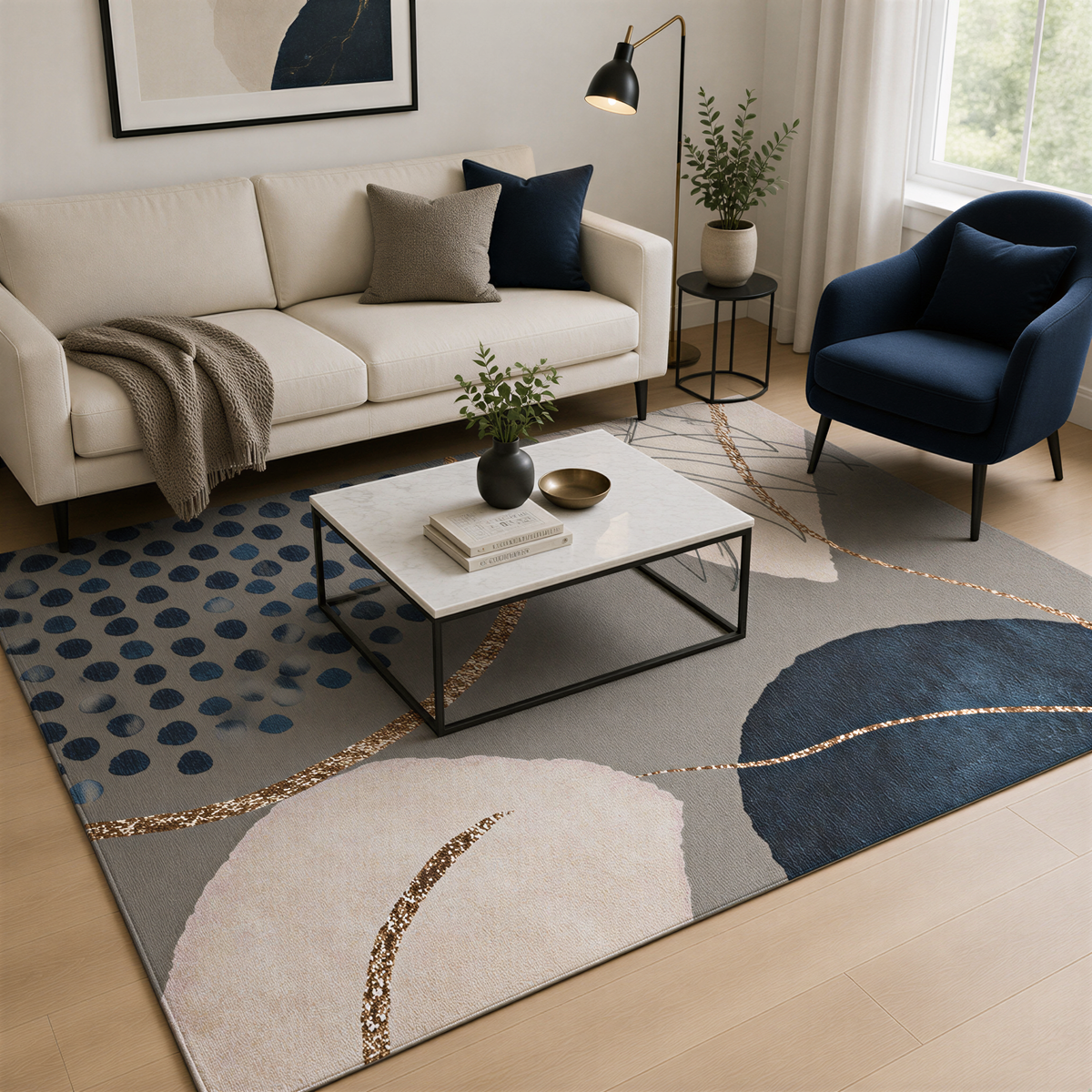a modern living room with a white sofa, a blue armchair, a white coffee table, and a patterned area rug. The room is decorated with various items such as a plant, a bowl, and a book.