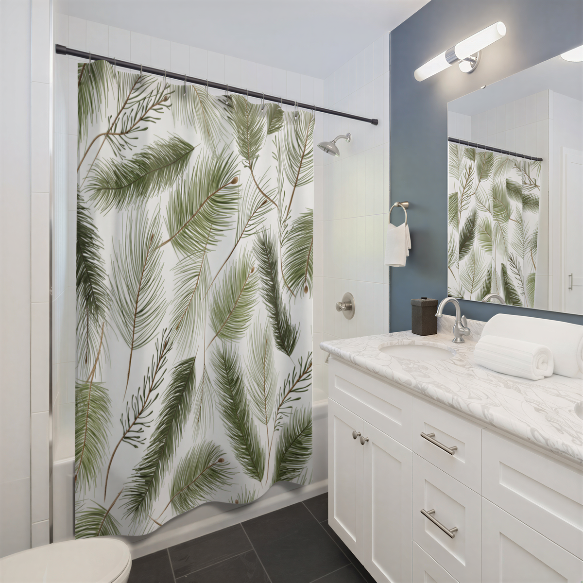 Christmas Shower Curtain Holiday Pine Needles hanging in a bathroom