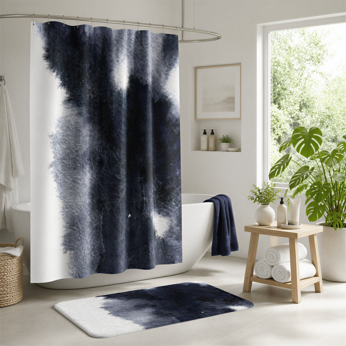 a modern bathroom with a large black and white abstract patterned shower curtain, a wooden stool with rolled towels, and a potted plant.