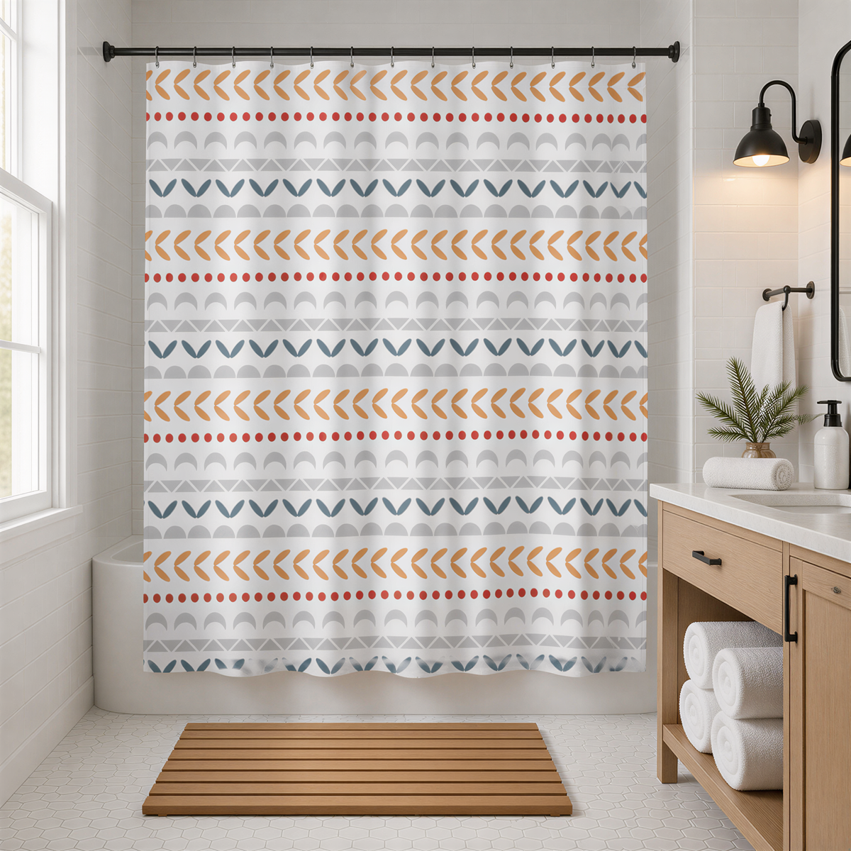 a bathroom with a shower curtain featuring a repeating pattern of orange and gray geometric shapes. The shower curtain is hanging from a rod, and there is a wooden mat in front of the shower. The bathroom also includes a sink and a mirror.