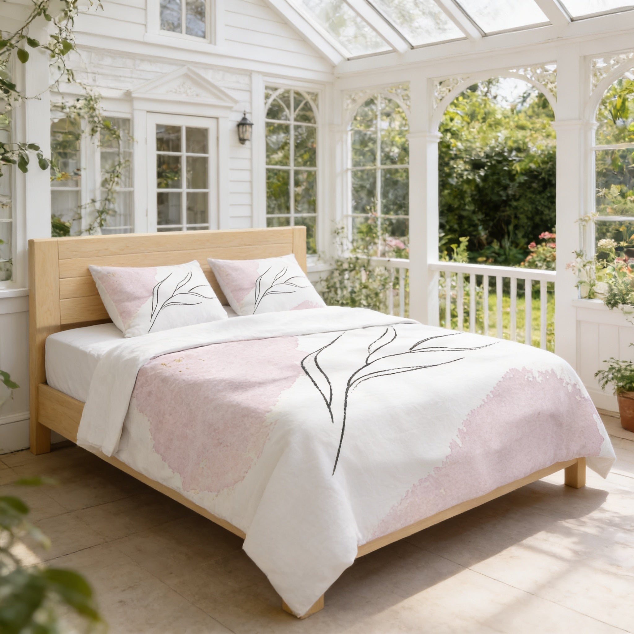 a cozy bedroom with a large bed, a wooden headboard, and a white canopy. The bed is covered in a pink and white patterned bedspread, and there are two pillows on the bed. The room has a porch with a railing and a glass door, and there are several potted plants around the room. The overall scene has a warm and inviting atmosphere.