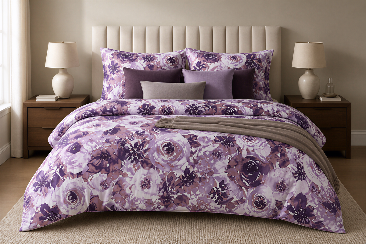 a bedroom with a large bed covered in a purple and white floral comforter. The bed is flanked by two nightstands with lamps on each side. The overall color scheme of the room is predominantly purple and white, creating a cozy and inviting atmosphere.