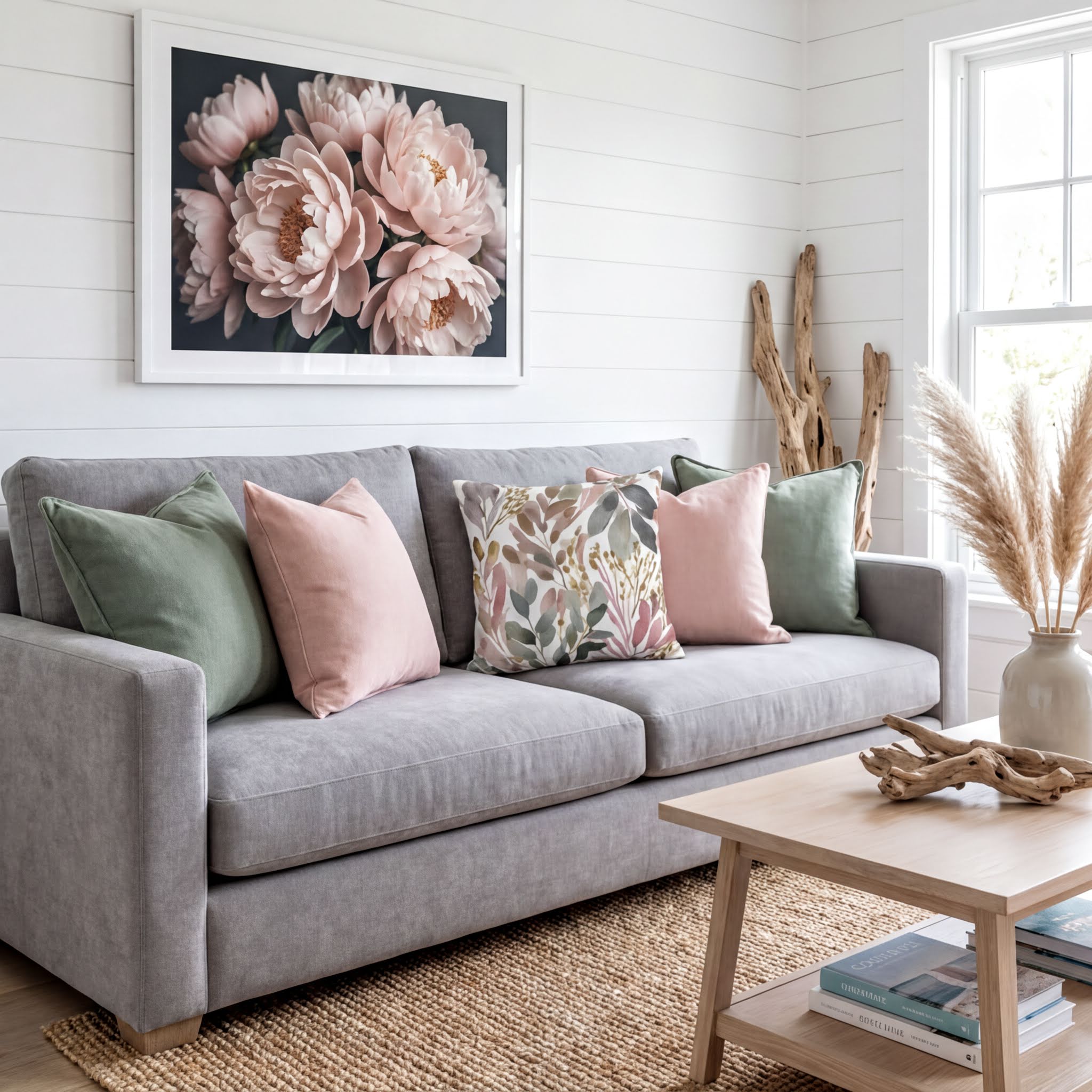 a cozy living room with a gray sofa adorned with colorful throw pillows, a wooden coffee table, and a framed floral artwork on the wall.