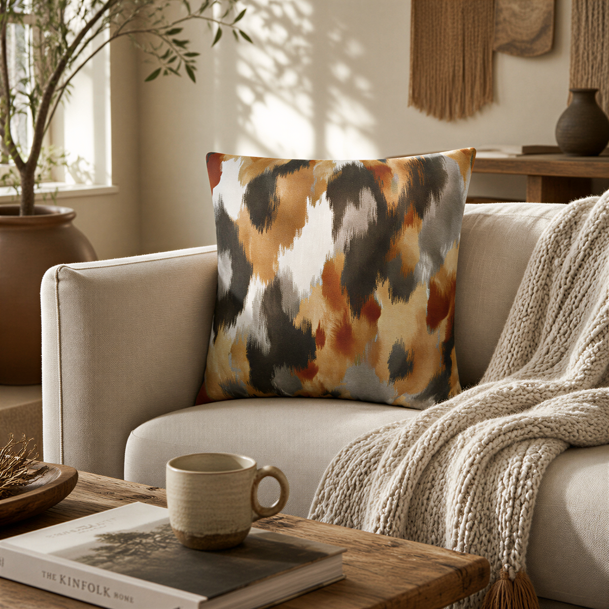 a cozy living room with a beige sofa, a coffee table with a book and a mug, and a colorful throw pillow on the sofa.