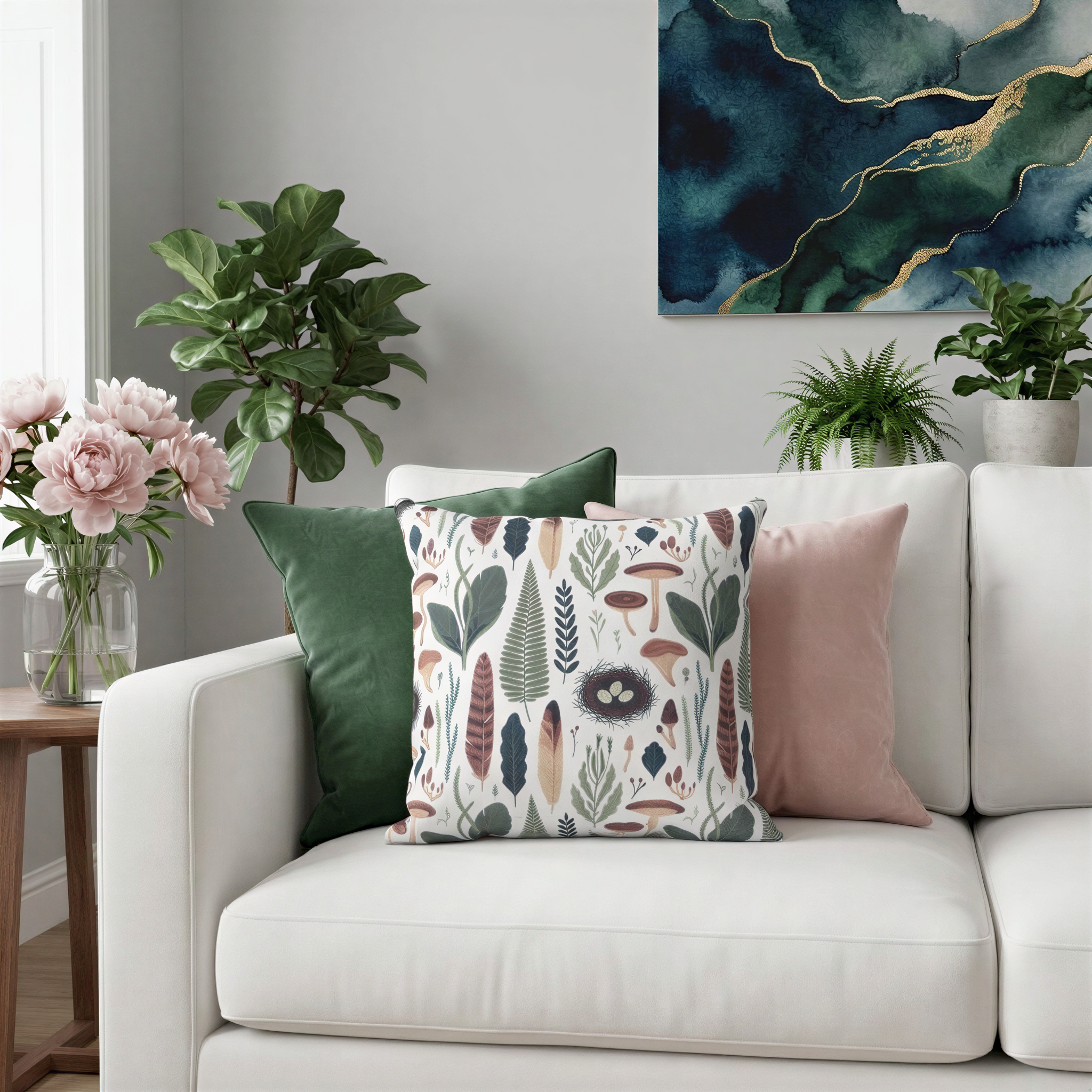 a cozy living room with a white sofa adorned with colorful throw pillows. The room is decorated with various plants, including a large fern and several pink peonies, creating a warm and inviting atmosphere. A large abstract painting with blue and green hues adds an artistic touch to the space.