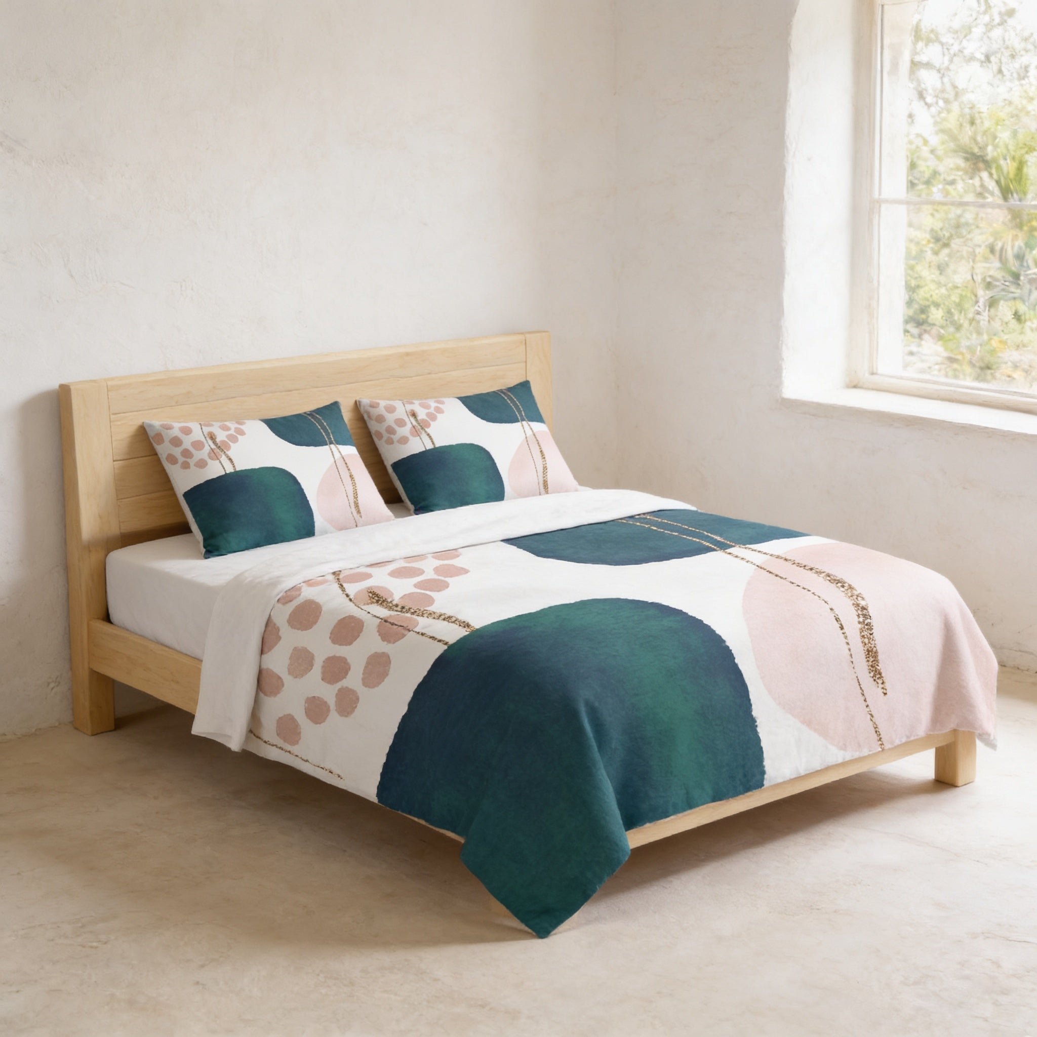 a modern bedroom with a wooden bed frame and a colorful abstract patterned comforter.