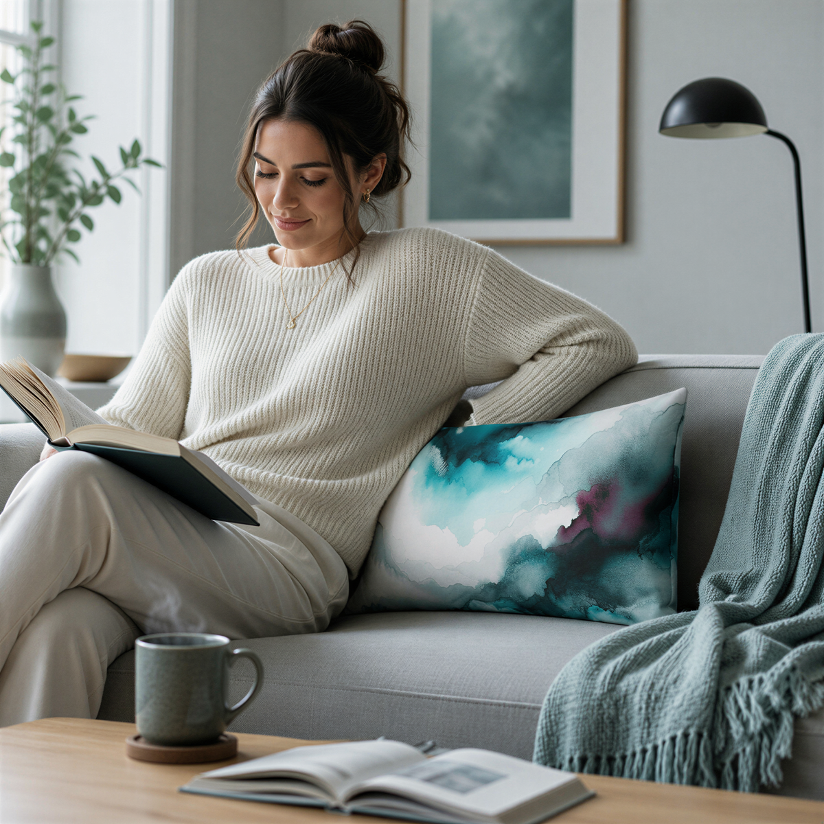 A woman is sitting on a couch, reading a book and enjoying a warm beverage, with a cozy and inviting atmosphere in the room.
