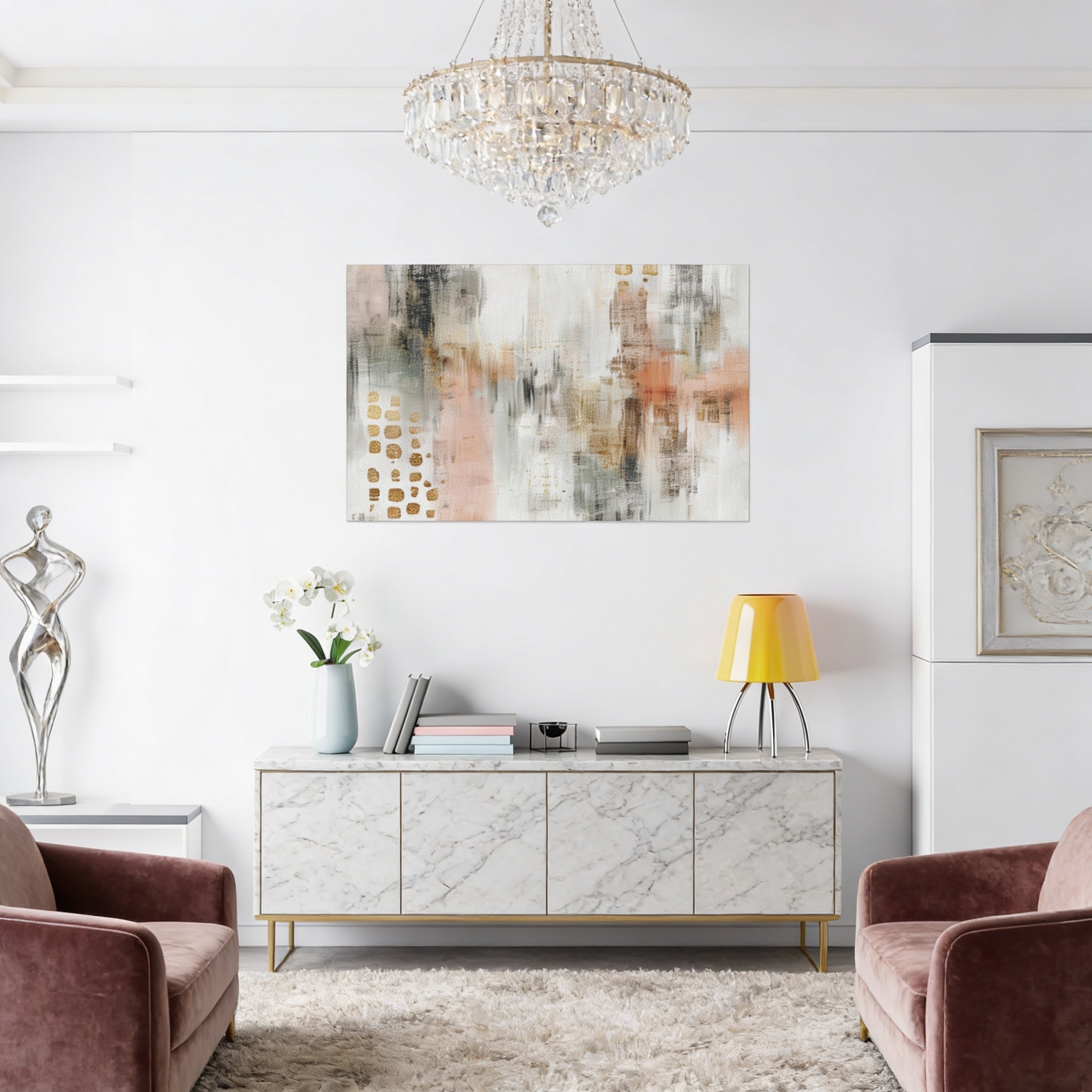 a modern living room with a white marble console table, a chandelier, a painting, and two plush armchairs.