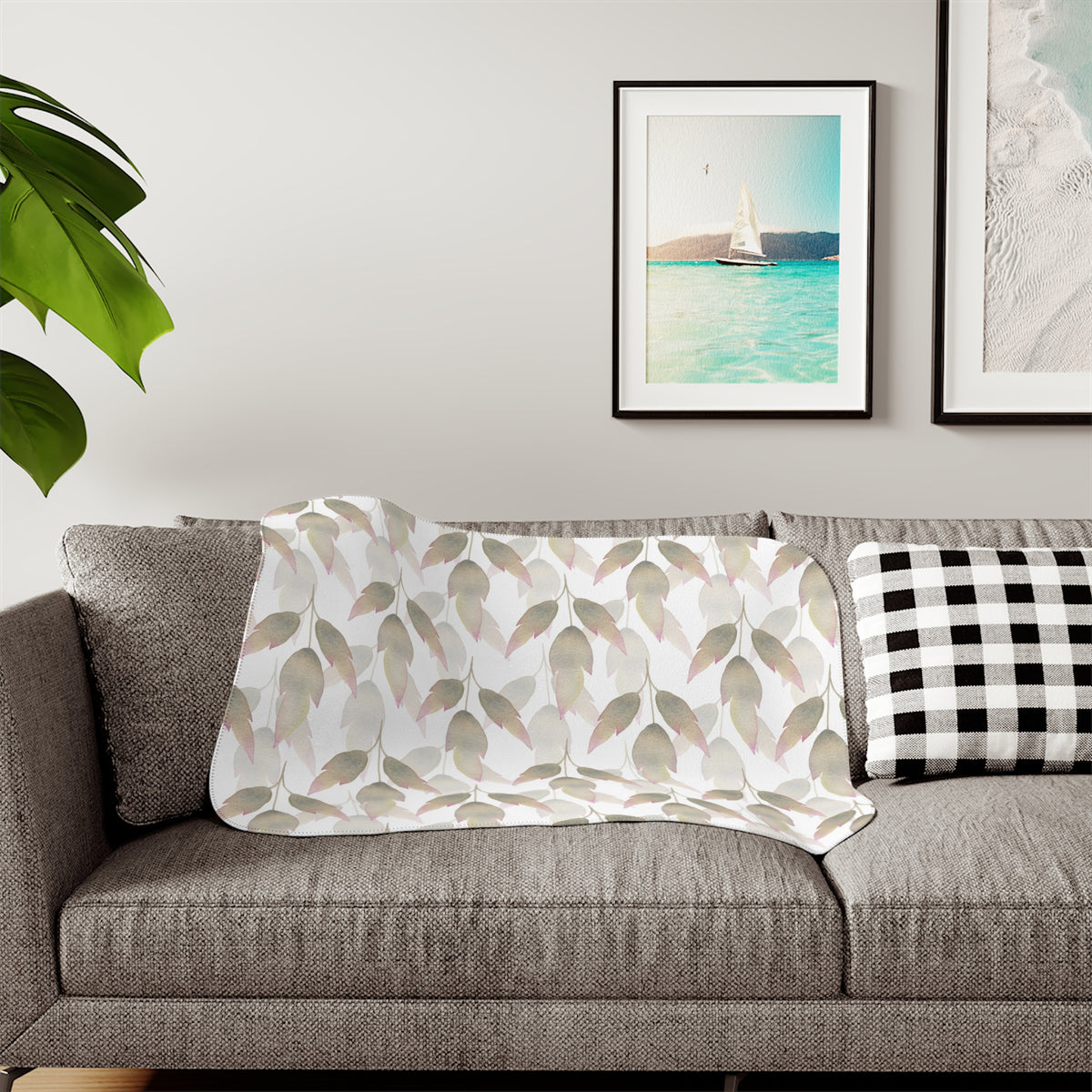 Beige Blush Watercolor Leaf Sherpa Blanket | Neutral Botanical Throw