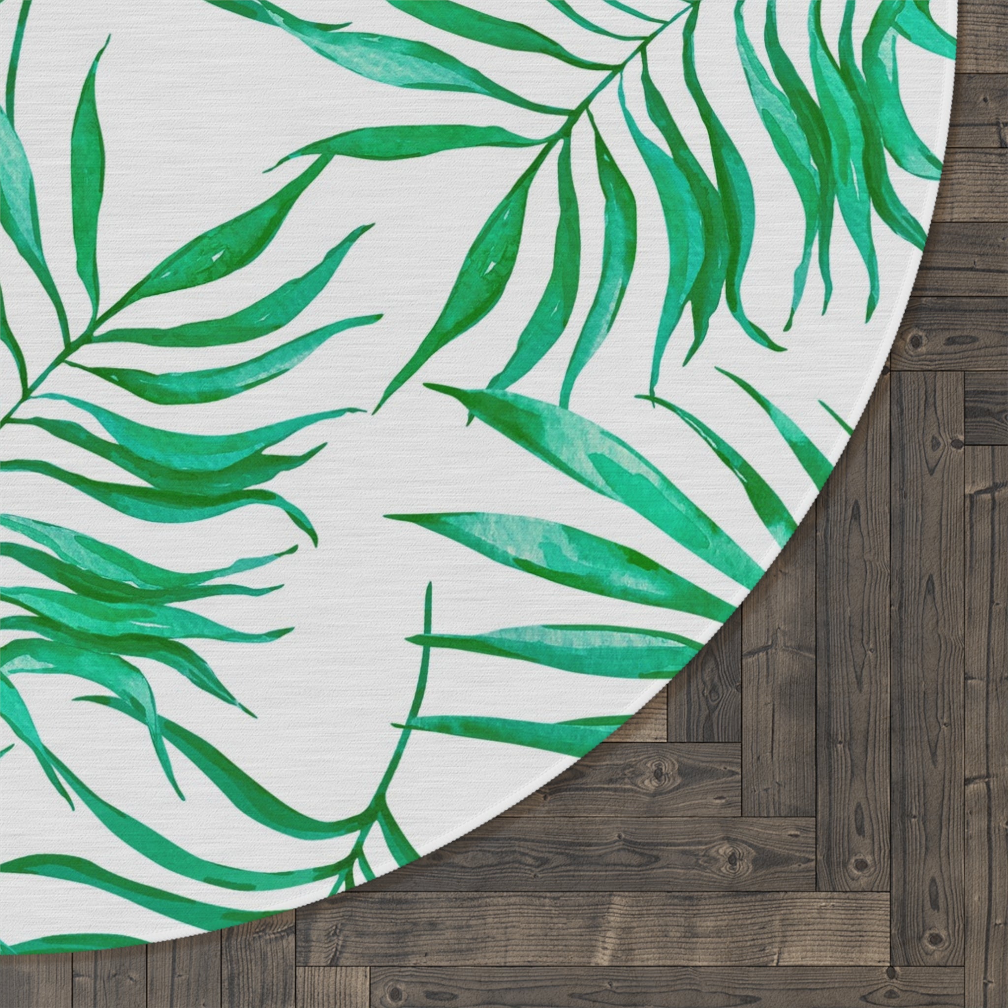 Floral Round Area Rug | Tropical Green Palm Leaves, White