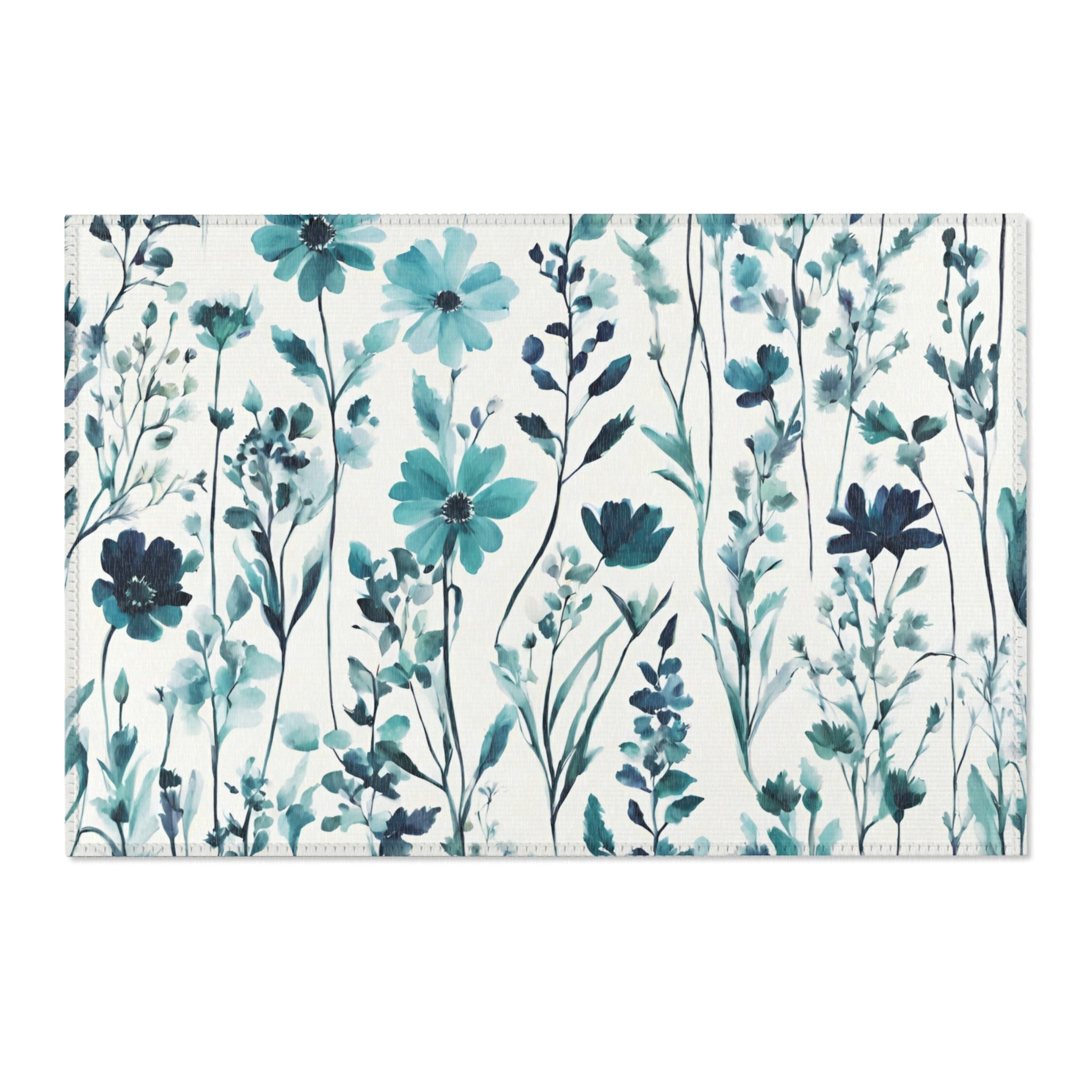 Floral Large Area Rug | Modern Rug, Teal Green, Blue Wildflowers