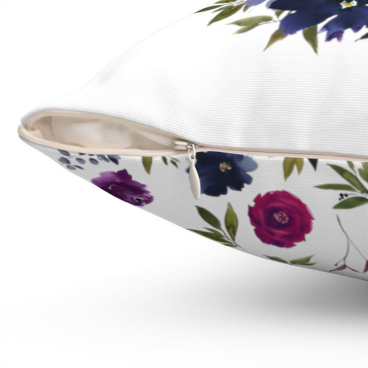 Floral Boho Pillow Cover White Purple Navy Blue Wine Red Green fabric texture detail