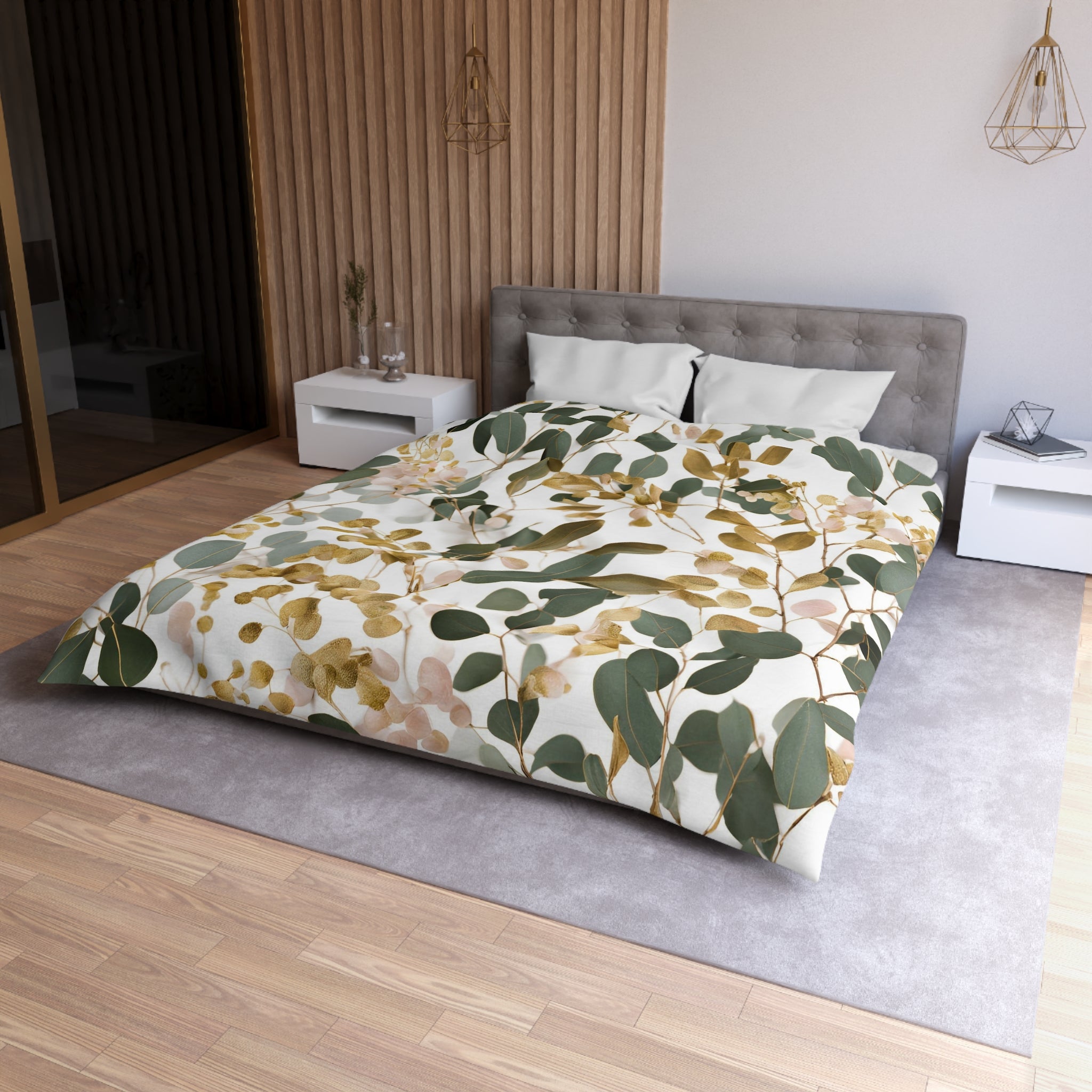 Floral Duvet Cover | Forest Sage Green, White Beige Eucalyptus Leaves Bedding Boho Decor