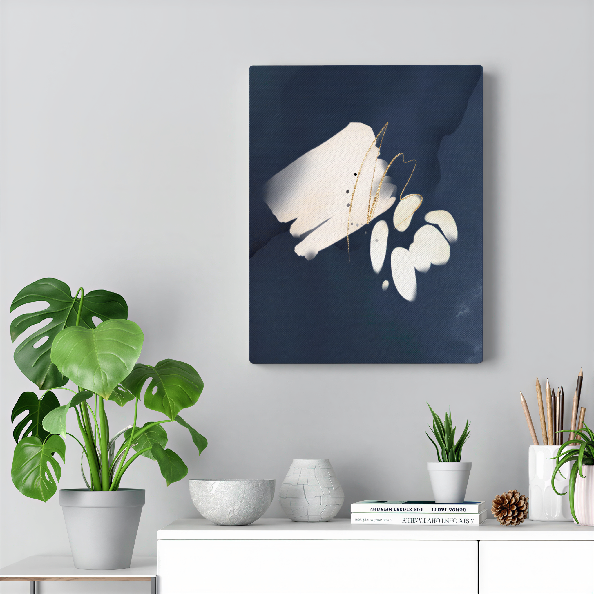 Navy blue, cream and white abstract canvas art, close-up of the brushstroke detail
