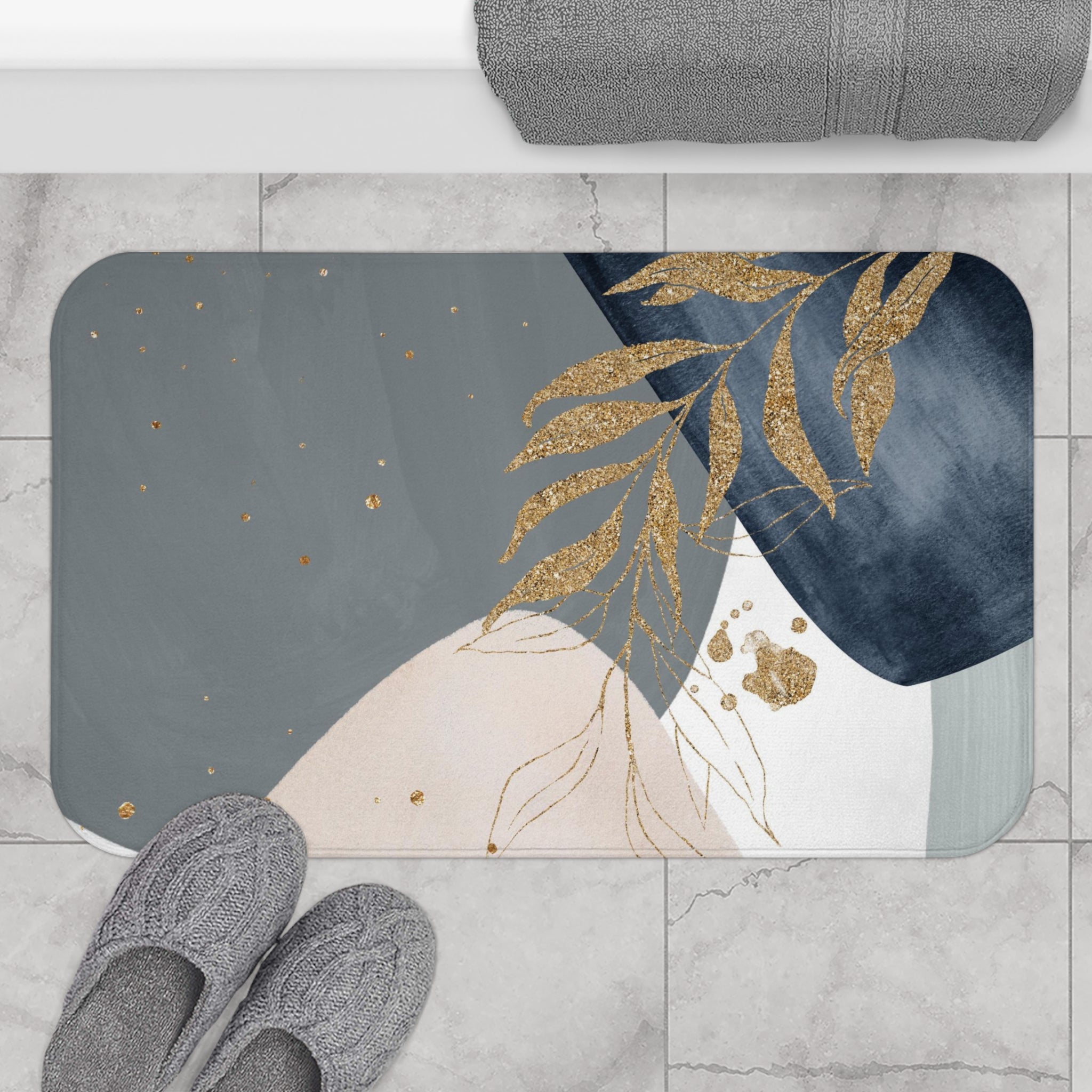 Abstract Boho Bath Mat | Grey Navy Blue, Beige