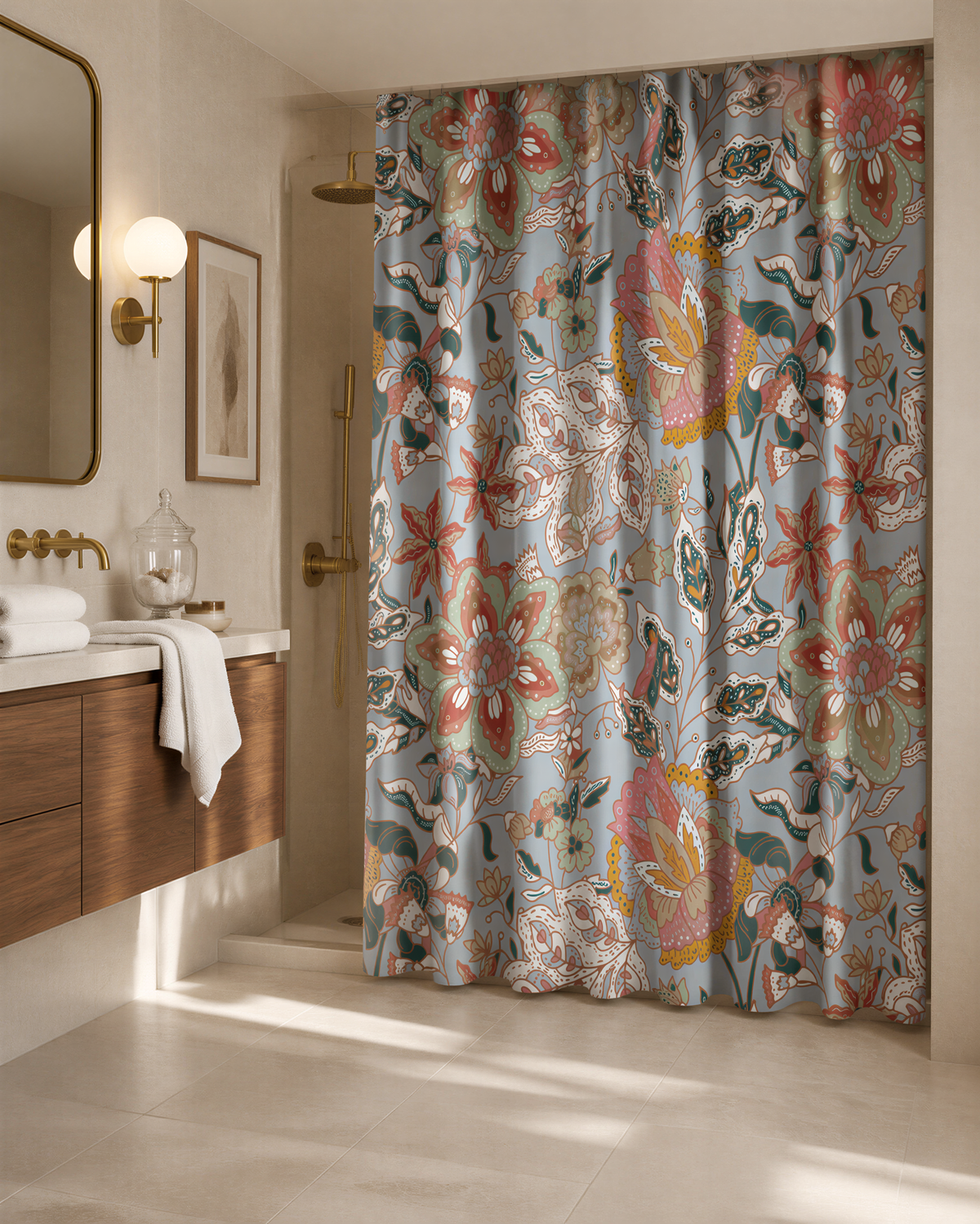 a bathroom with a shower curtain featuring a floral pattern in shades of blue, green, and pink. The shower curtain is hanging from a rod, and there is a sink with a mirror above it. The bathroom has a wooden vanity and a tiled floor.