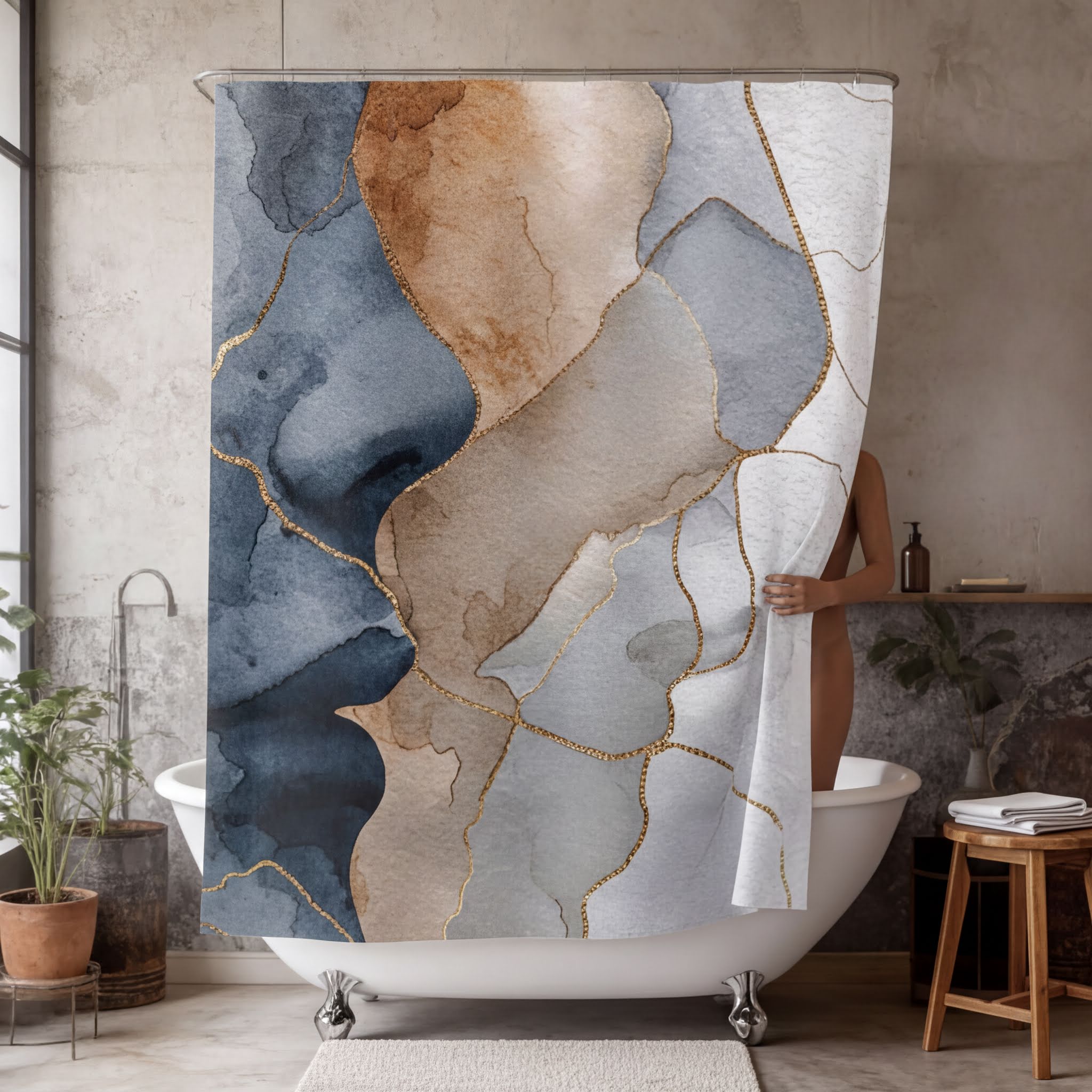a person standing in a bathtub, partially obscured by a shower curtain with a striking abstract design in shades of blue, gray, and gold.