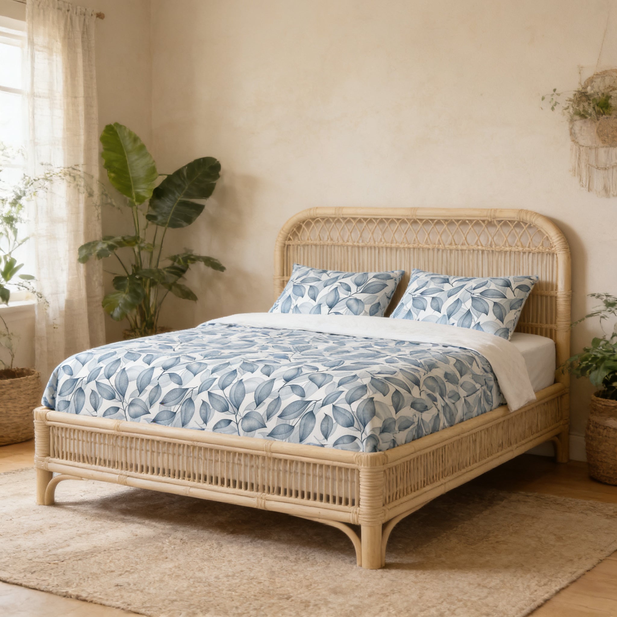 a serene bedroom scene featuring a bed with a blue and white leaf-patterned comforter and pillows, a woven headboard, and a large potted plant on the left side of the bed.