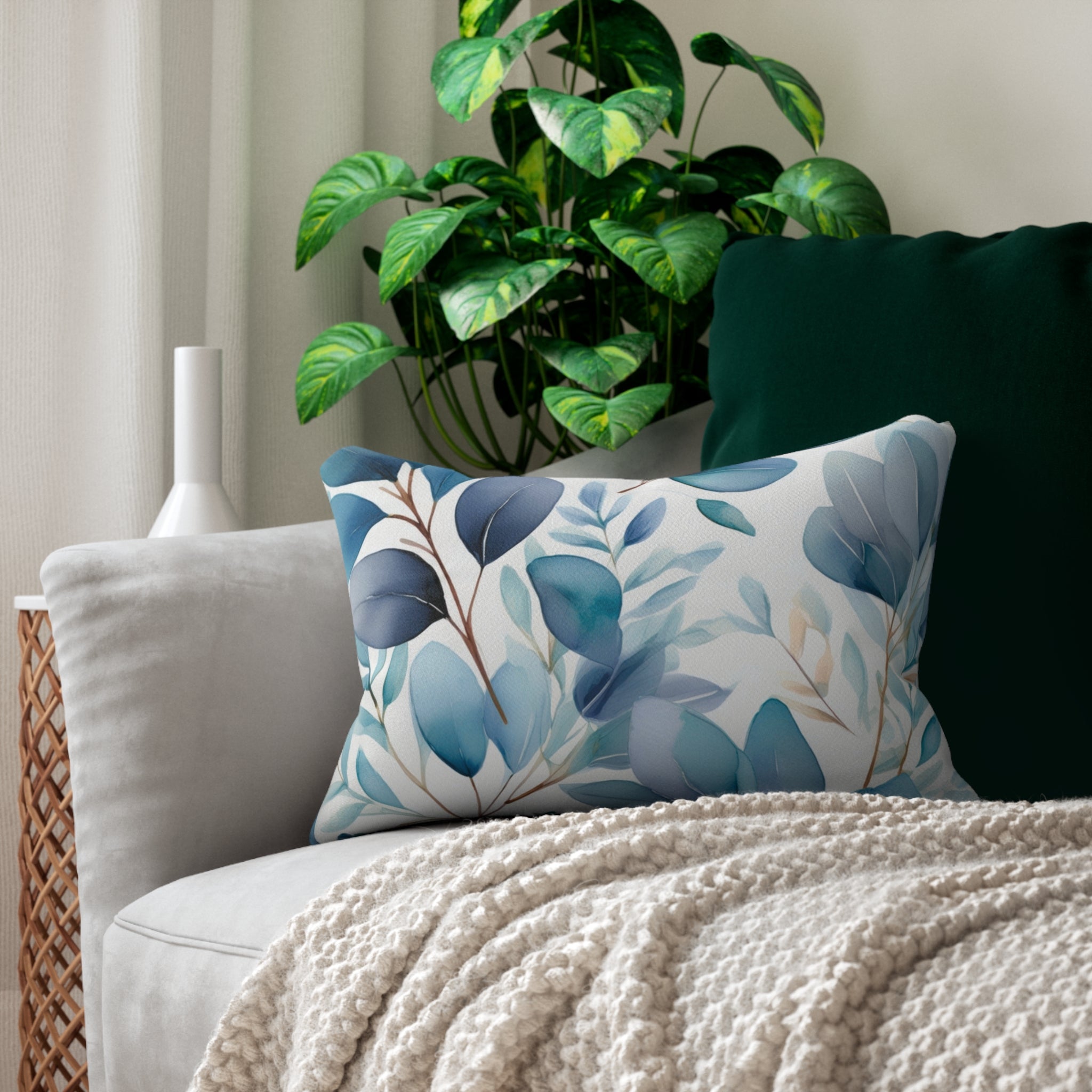 Abstract Floral Lumbar Pillow | Blue White Watercolor