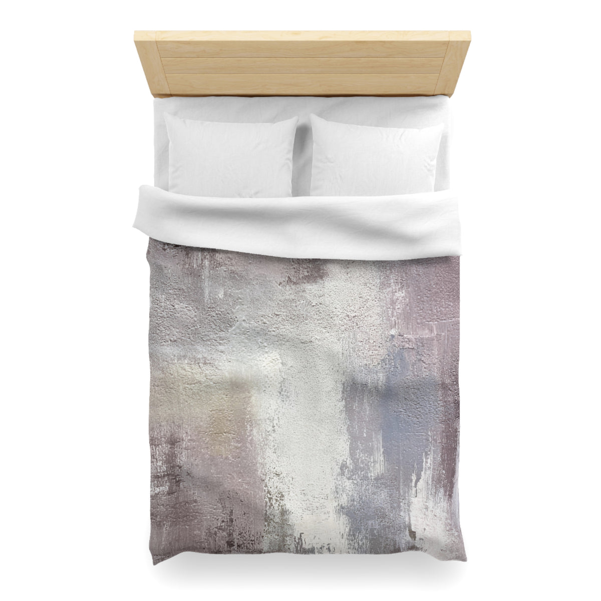 a neatly made bed with a white comforter and pillows. The bed has a wooden headboard and a colorful abstract painting on the comforter.