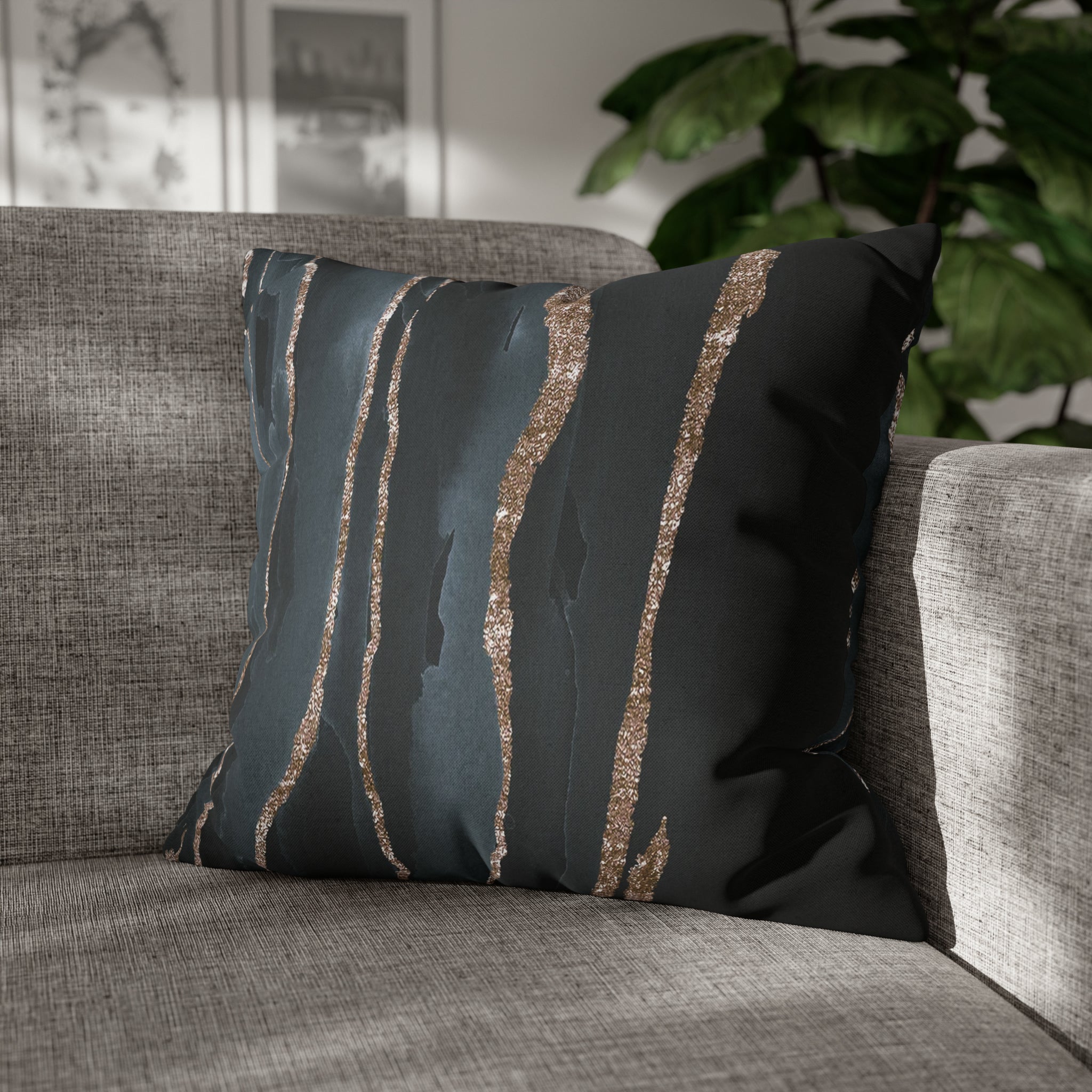 Dark Blue Grey Throw Pillow Cover | Muted Gold Marble Print Pillow