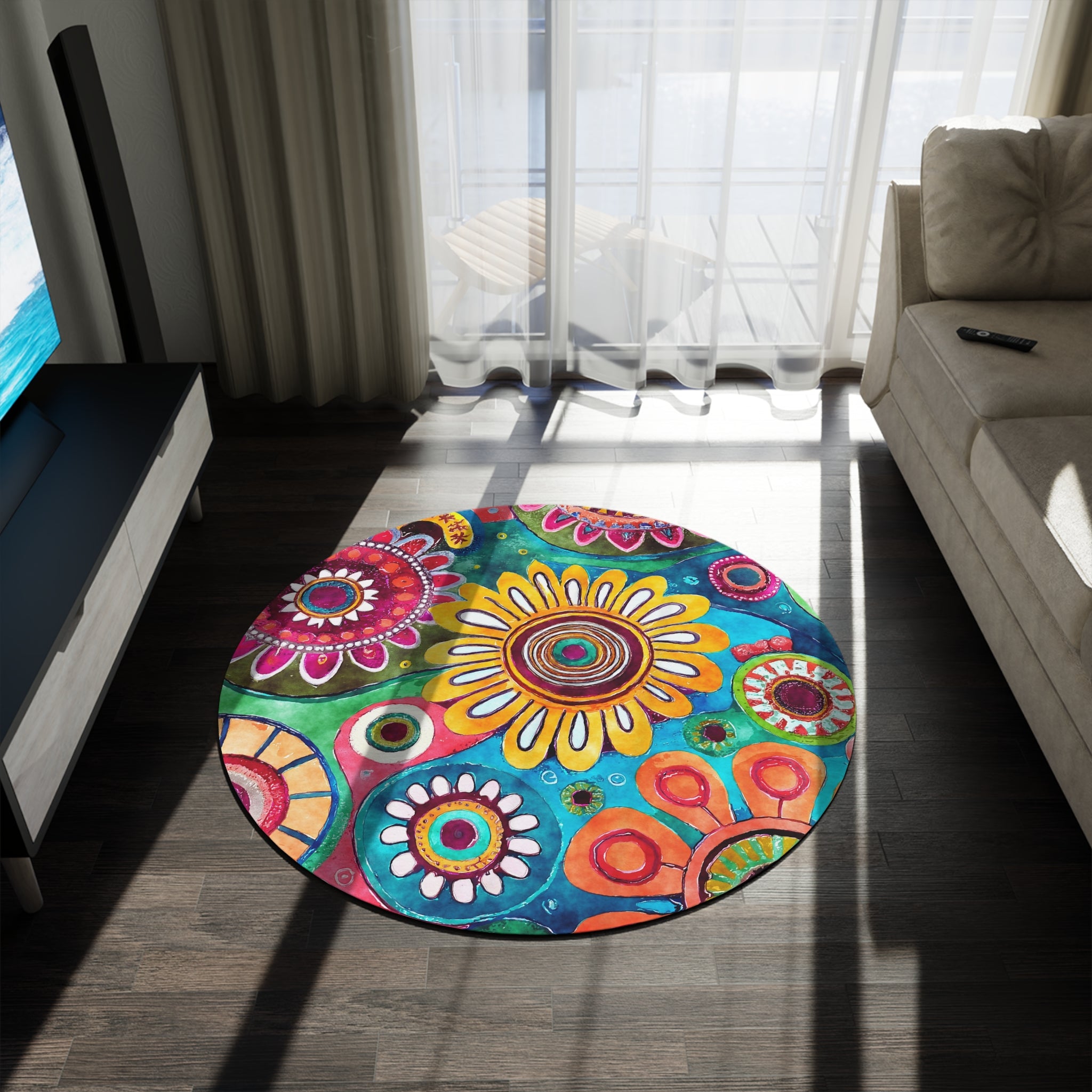 Colorful Funky Round Area Rug | Wildflowers, Yellow Pink blue