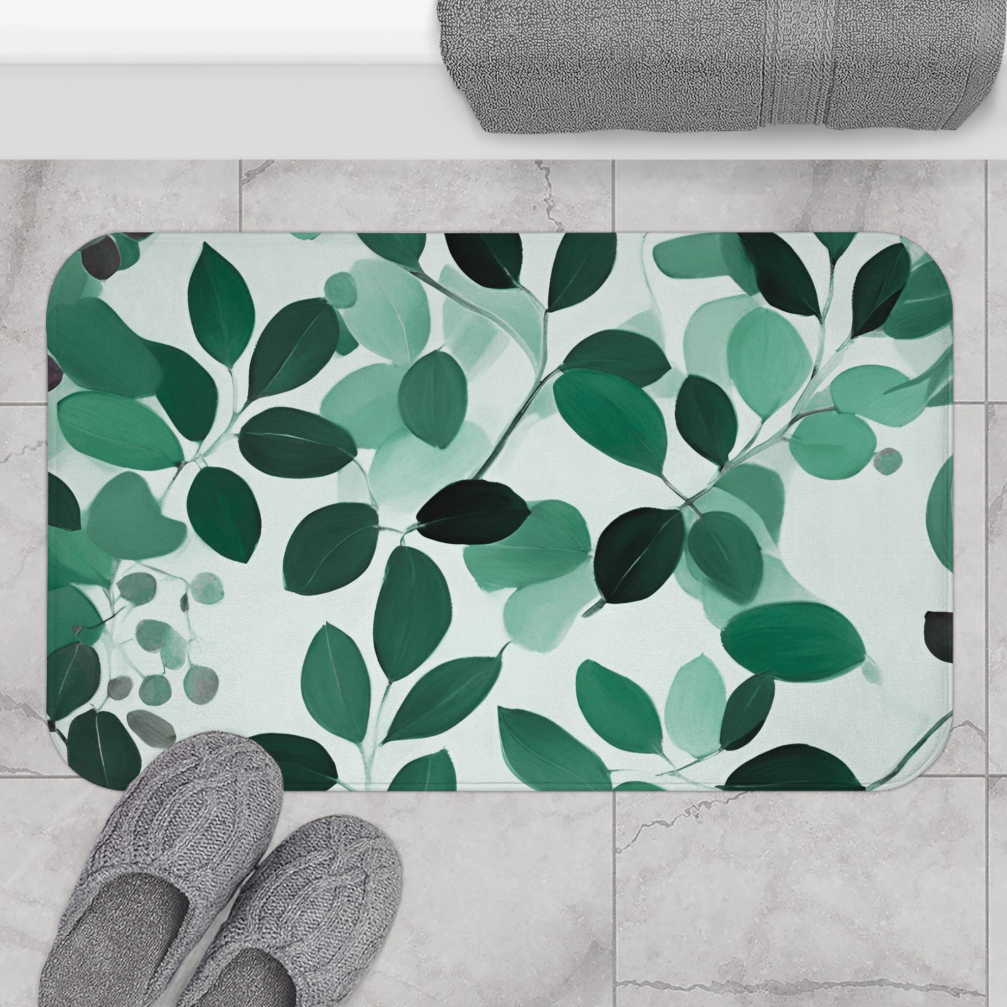 Boho Abstract Leaves Bath Mat | Sage Emerald Green Kitchen Mat