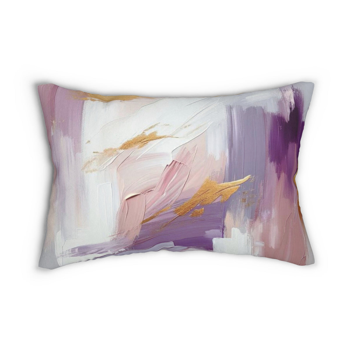 an abstract painting with a mix of pink, purple, and white colors, along with gold accents.