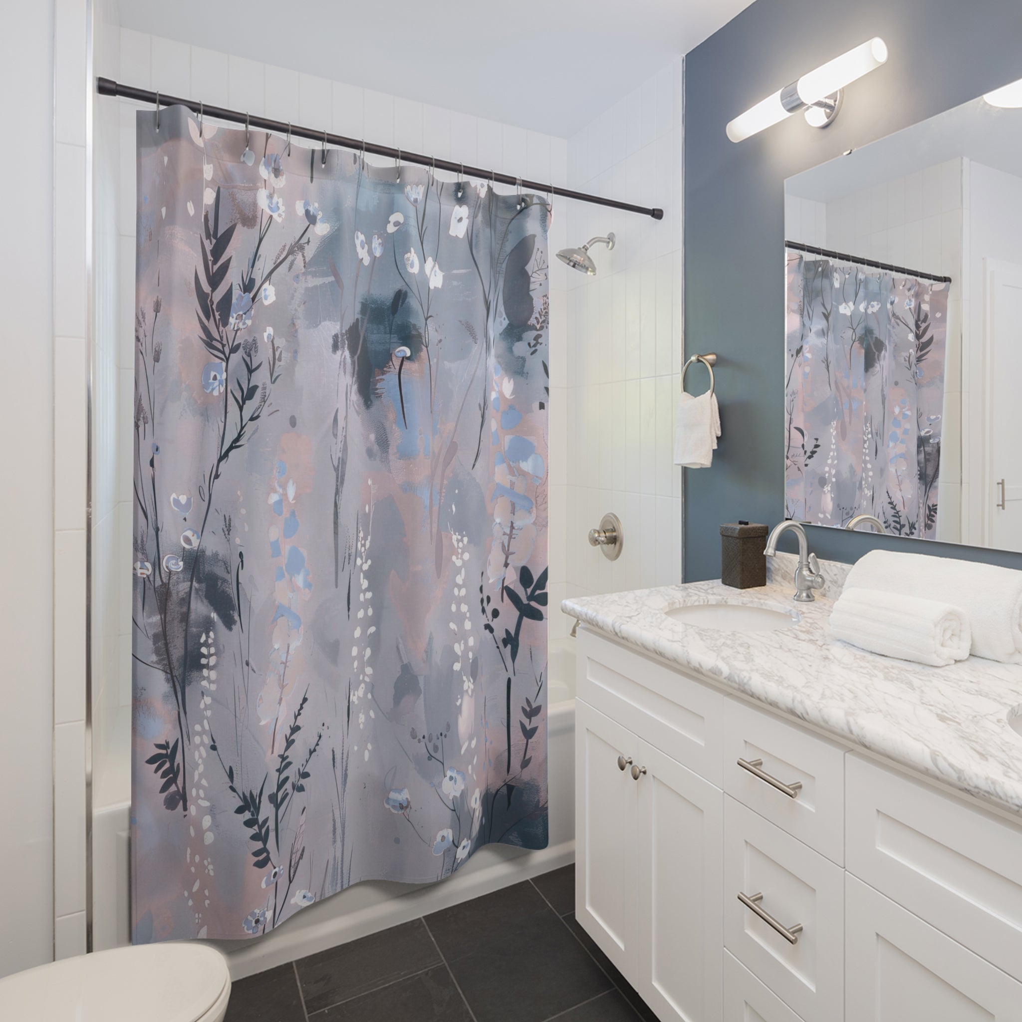 Boho Shower Curtain | Floral Moody Paste Blush Blue