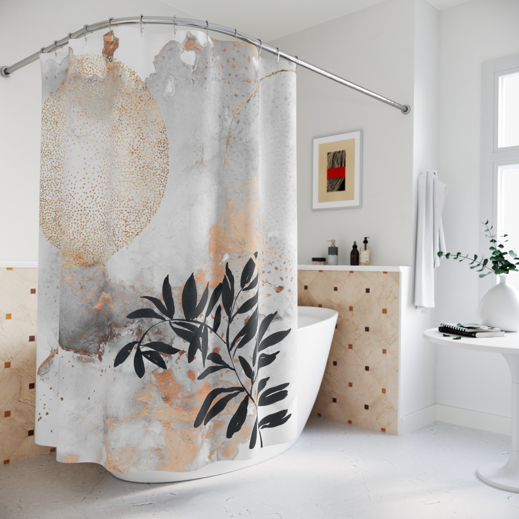 Boho Shower Curtain | Grey Gold Ombre Black Leaves