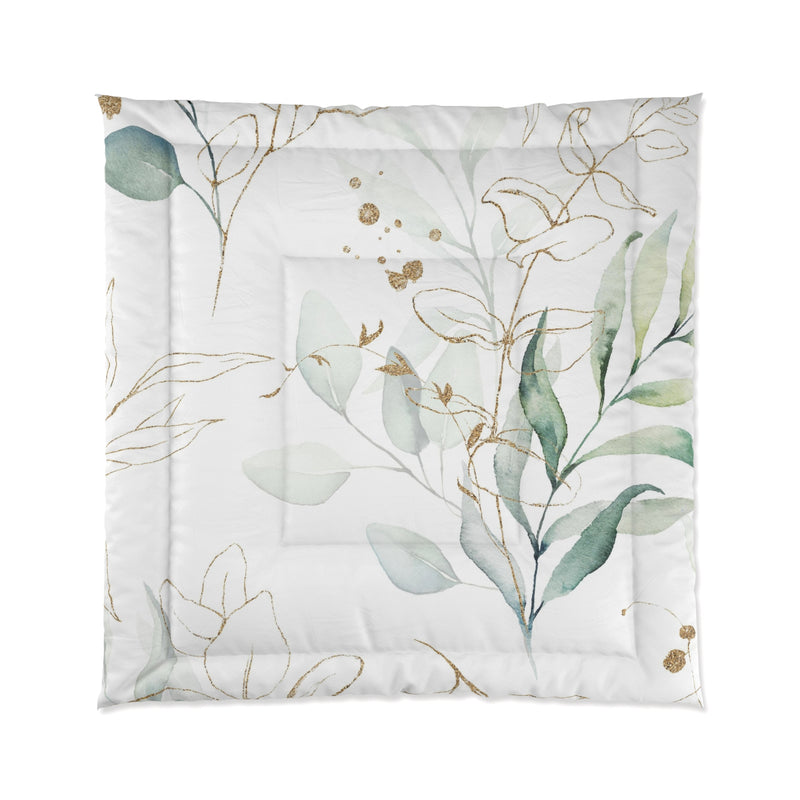 Floral Comforter | White Sage Green, Beige Leaves