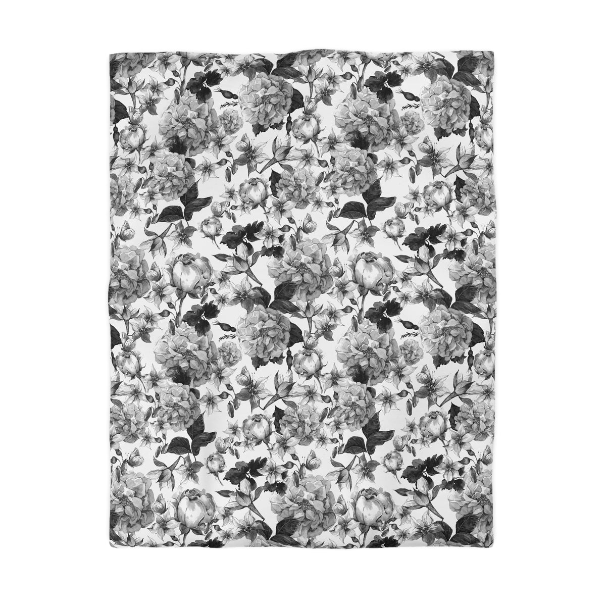 a repeating floral pattern in black and white, with various types of flowers and leaves.