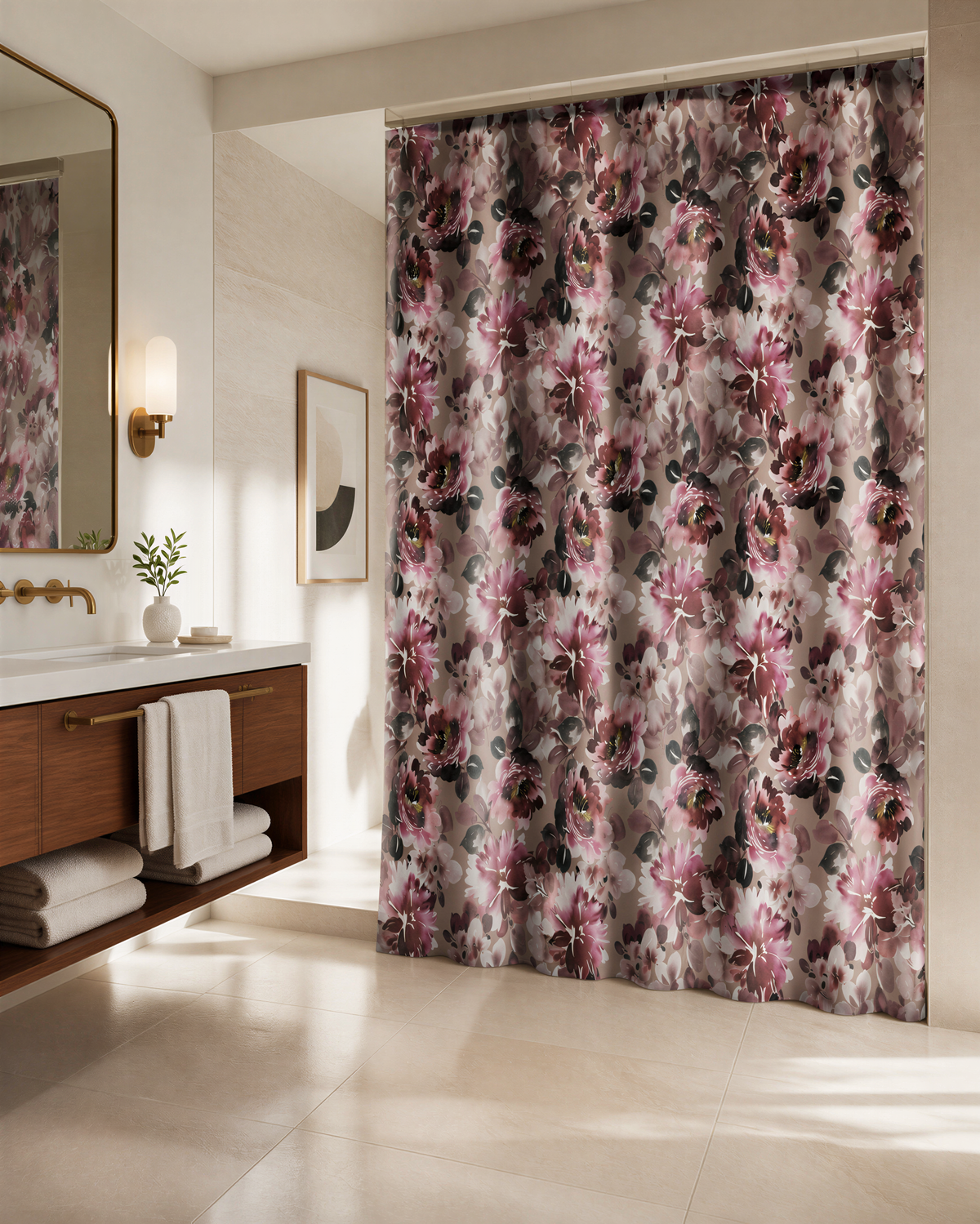 a modern bathroom with a floral patterned shower curtain, a wooden vanity with a sink, and a mirror above the vanity.
