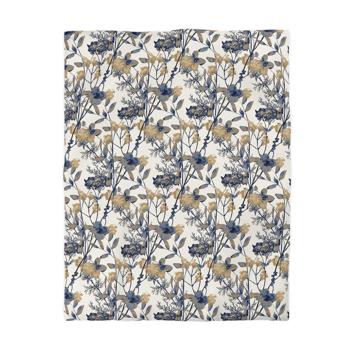 a square-shaped floral pattern with a repeating design of blue and gold flowers and leaves.