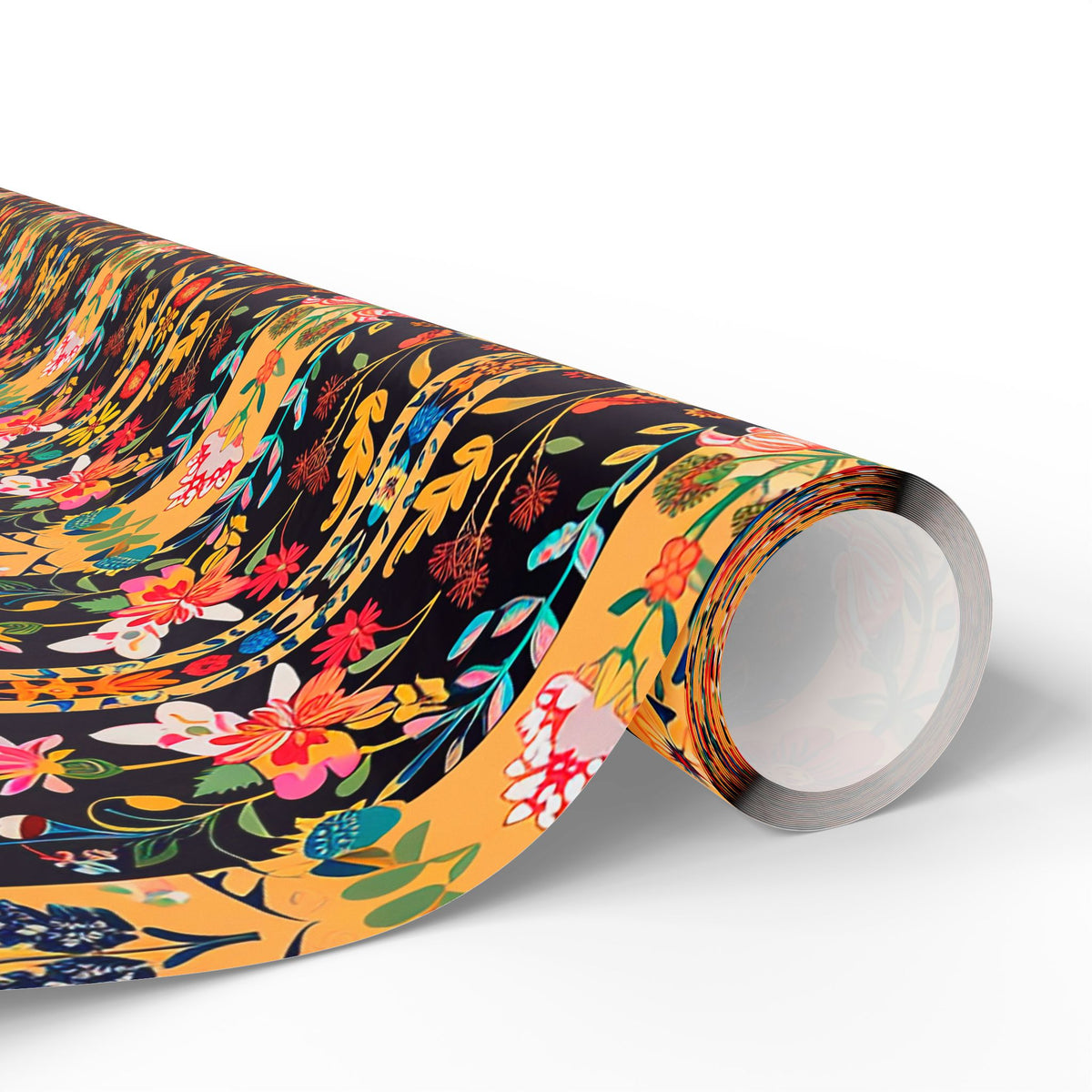 Black Mustard Folk Floral Stripe Wrapping Paper, Gift Wrap