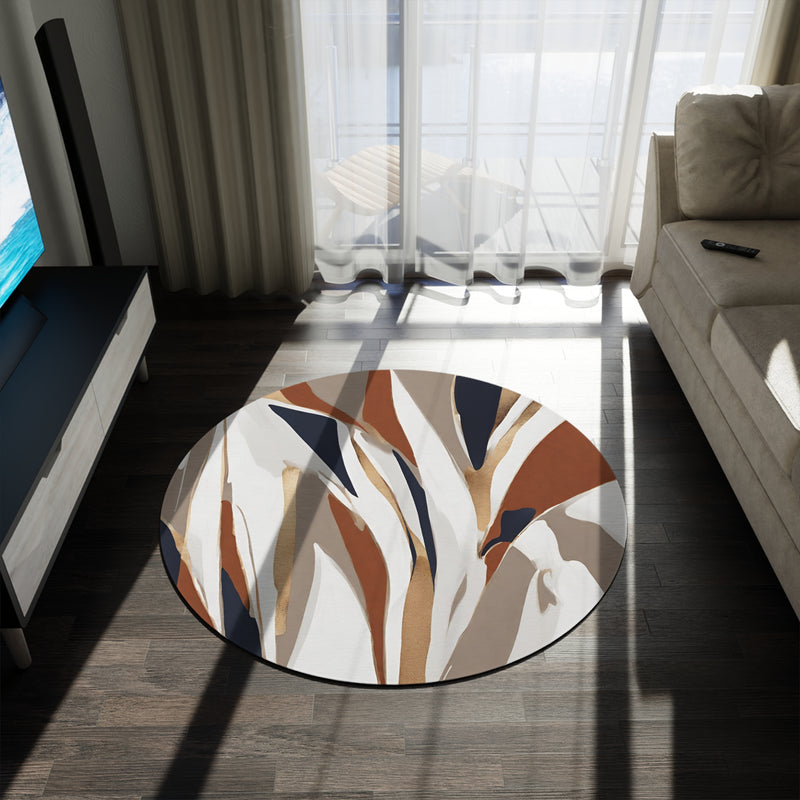 Abstract Boho Round Area Rug | White Taupe Beige, Rust Navy Blue