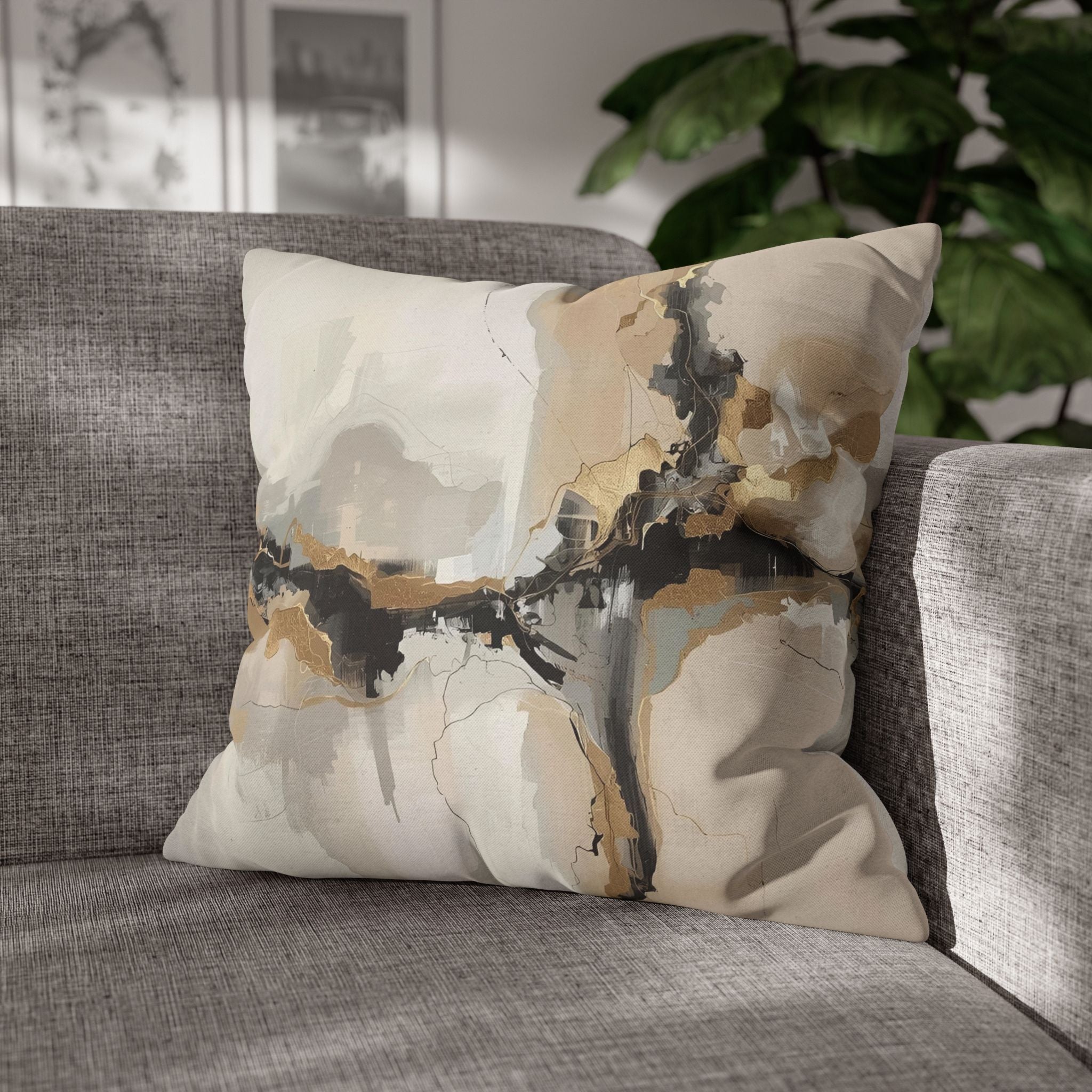 a gray couch with a decorative throw pillow featuring an abstract design in shades of beige, black, and gray.