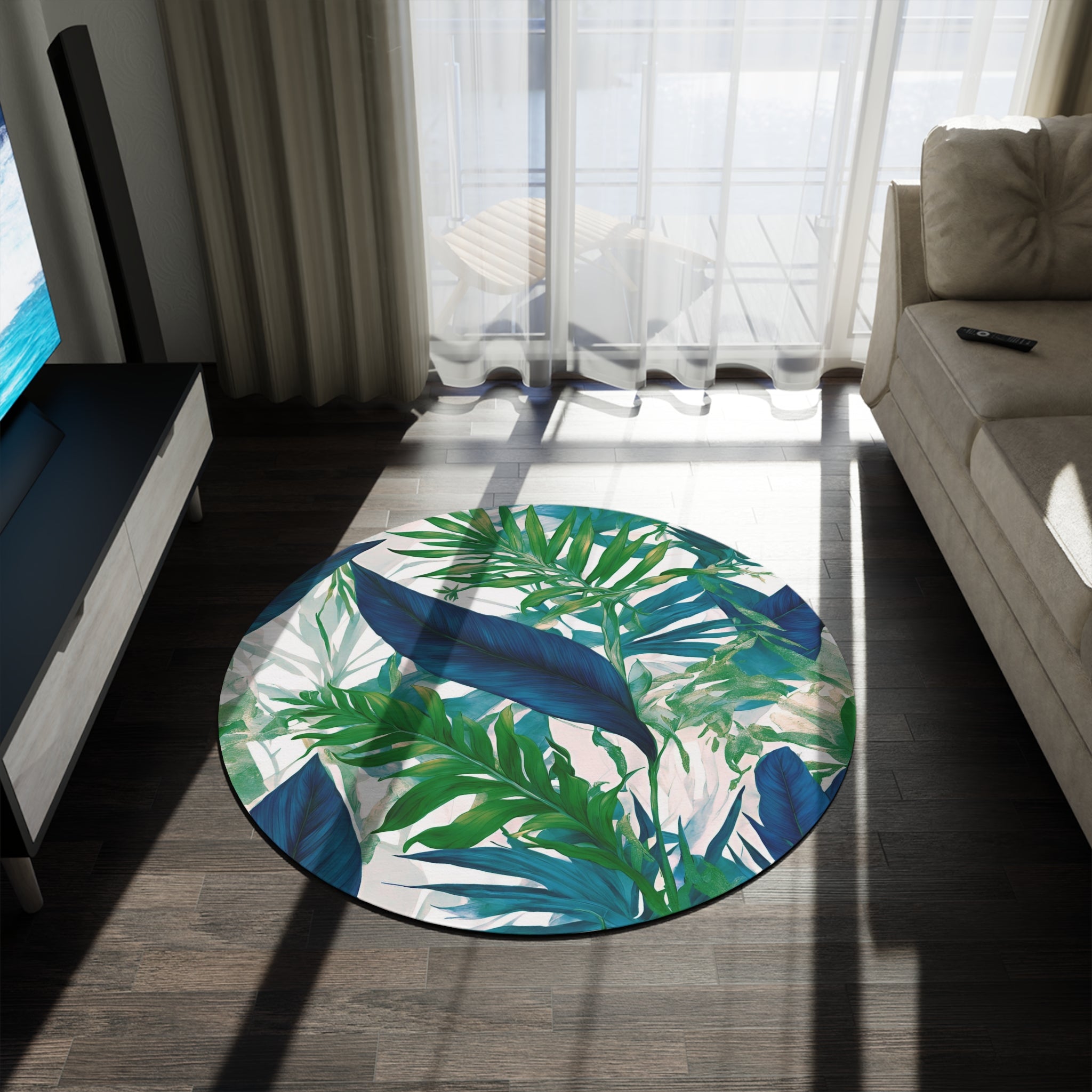 Tropical Round Area Rug | Coastal Indigo Blue, Emerald Green Leaves