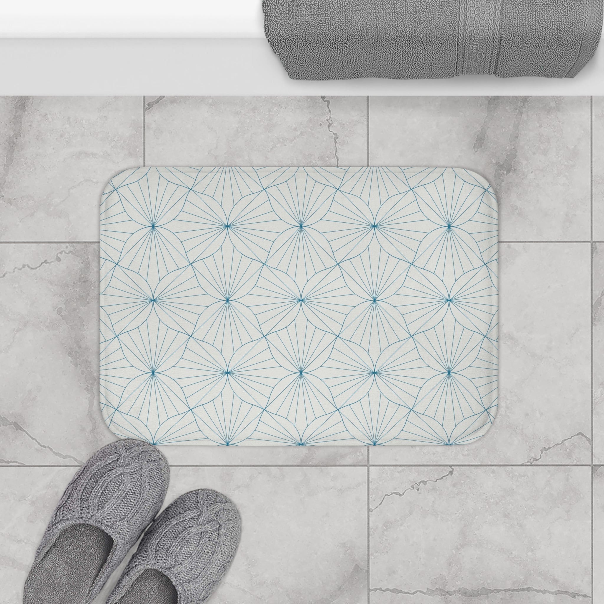 Boho Bath, Kitchen Mat |  Art Deco Geometric Blue Grey