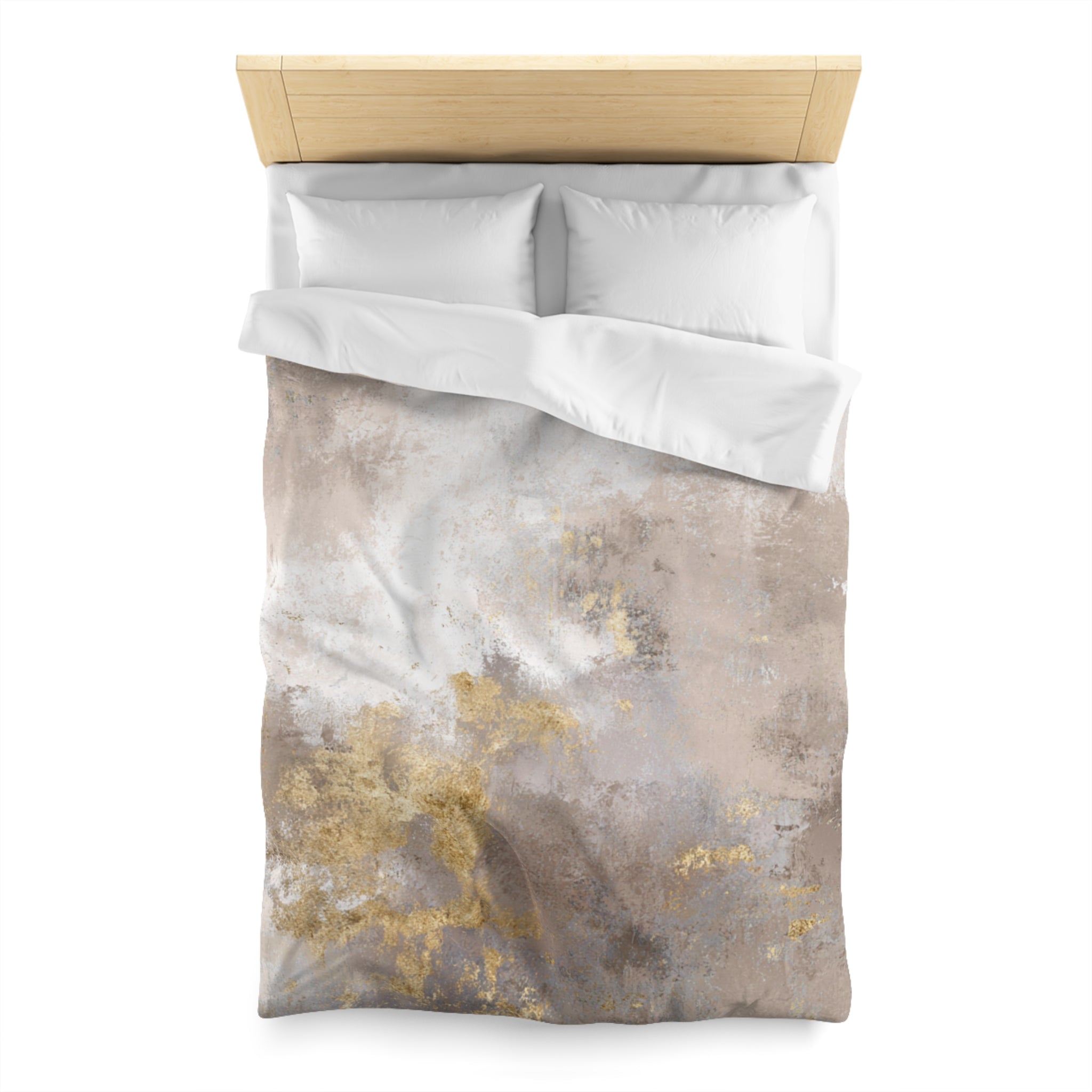 a bed with a white comforter and pillows, featuring a textured design with a mix of brown and white colors.