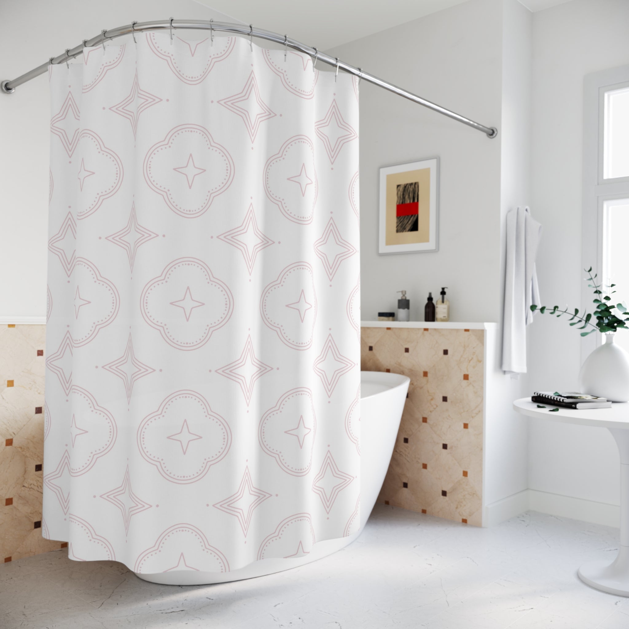 Boho Shower Curtain | Retro Medieval Blush Pink White