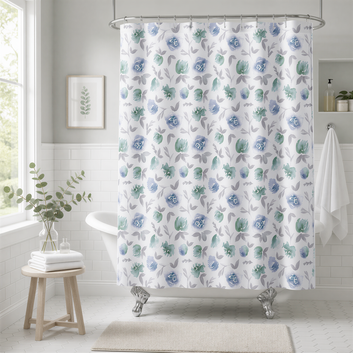 a bathroom with a floral patterned shower curtain, a white bathtub, and a wooden stool. The bathroom has white tiles and a window, creating a serene and calming atmosphere.