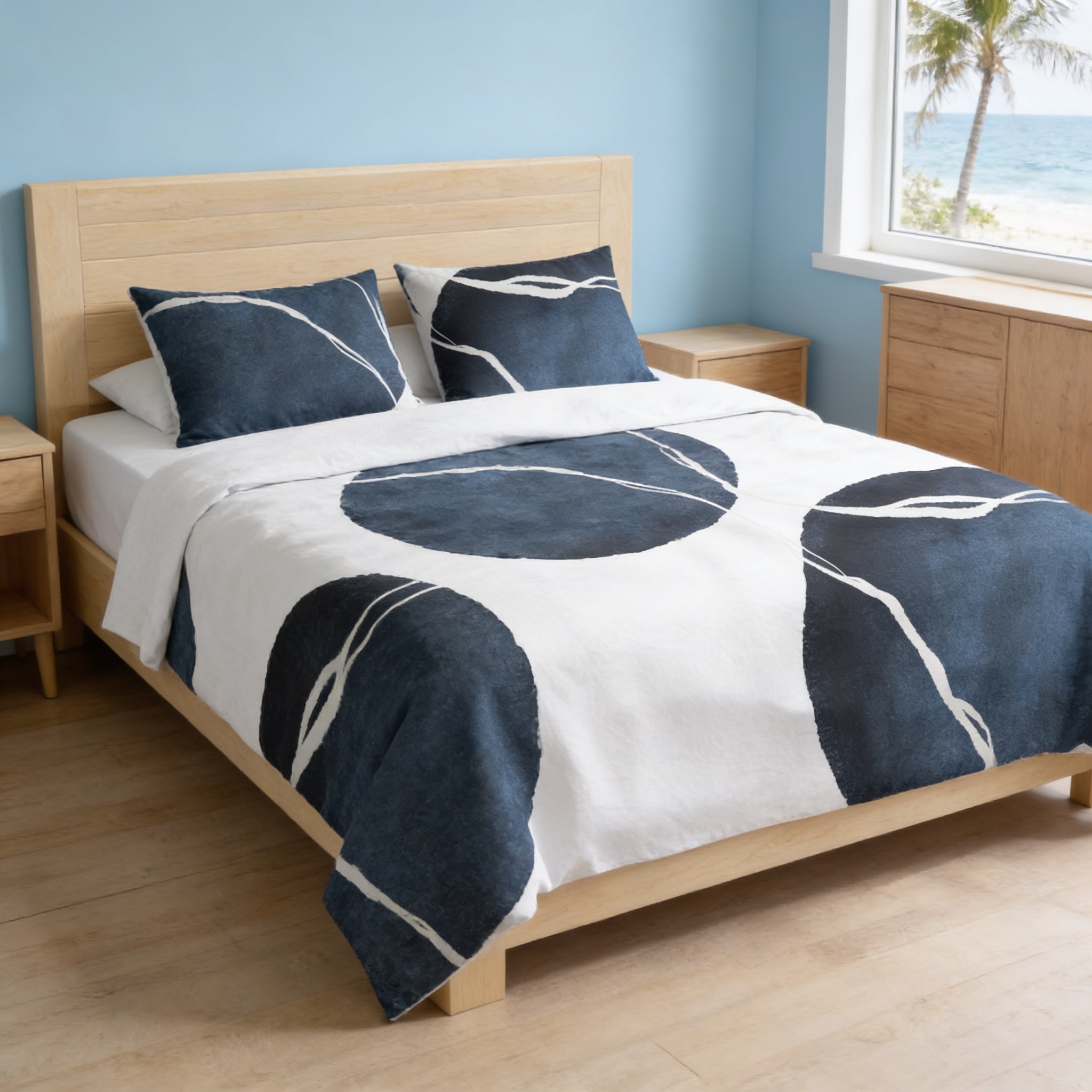a bedroom with a bed, a nightstand, and a dresser. The bed has a white and blue comforter with a circular pattern.