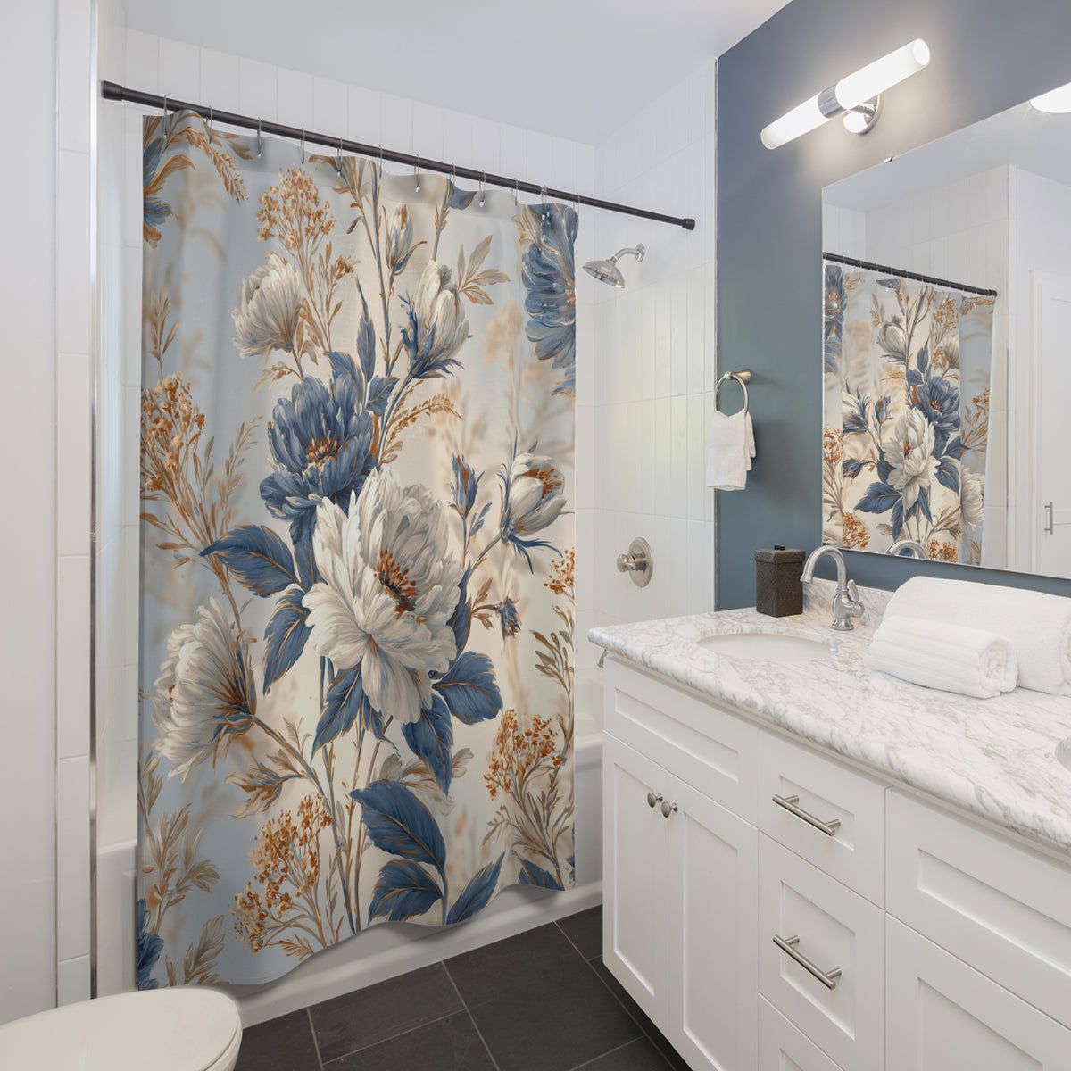 Blue Ivory Toile Floral Shower Curtain, Bath Curtain 71x74