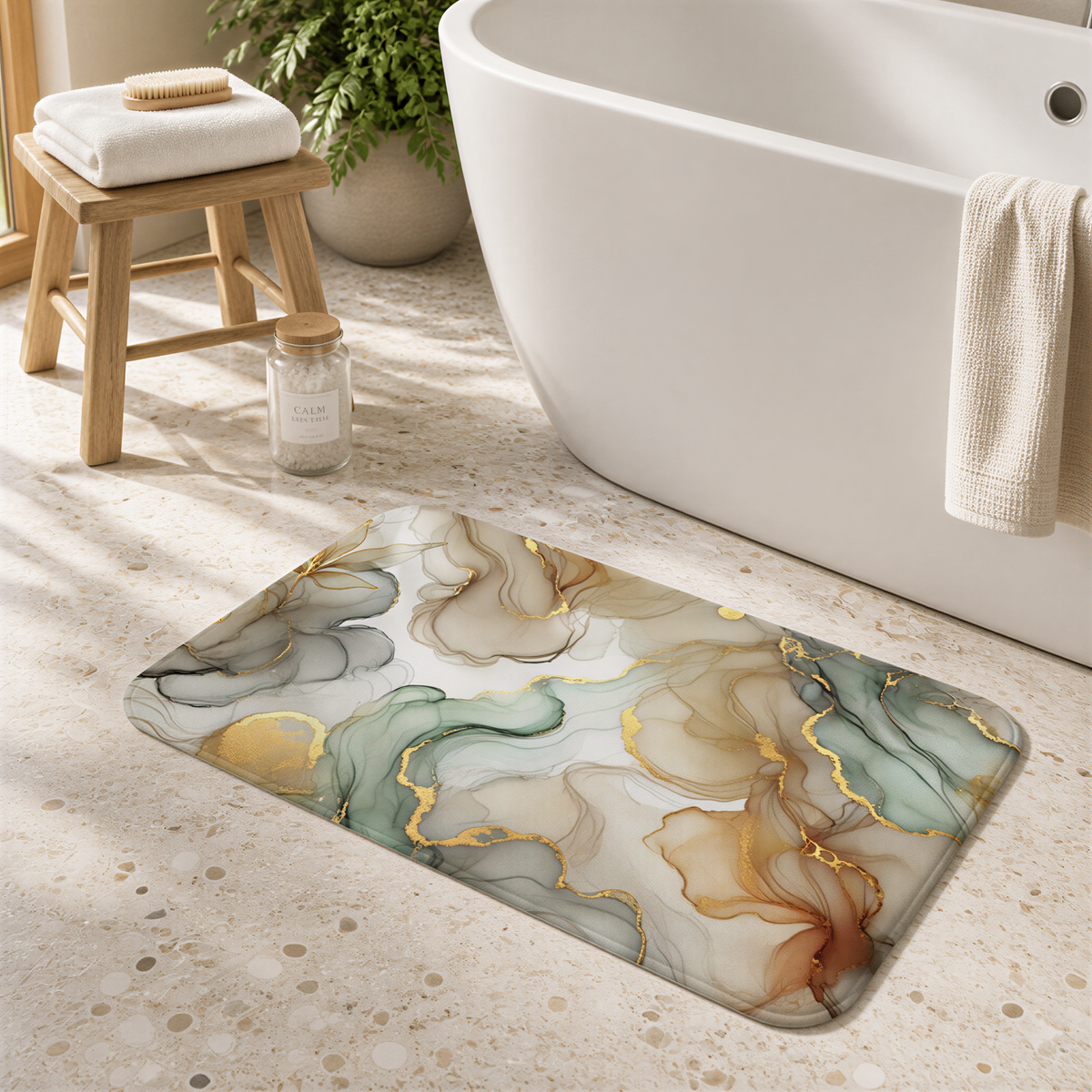 a bathroom with a white bathtub, a wooden stool, and a decorative rug with a marble pattern.